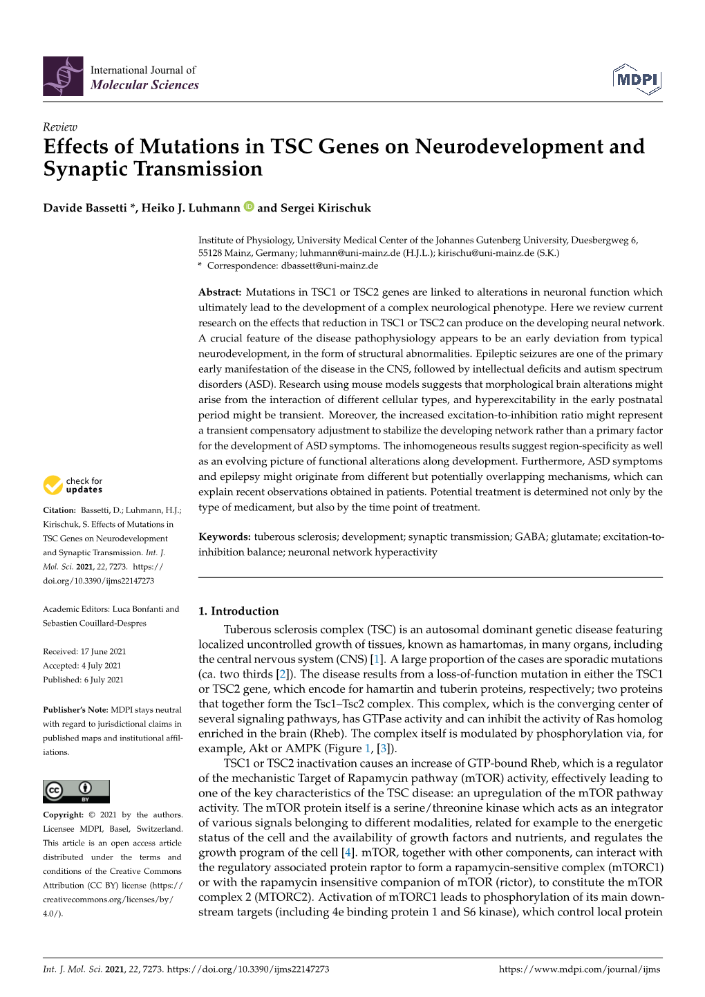 Effects of Mutations in TSC Genes on Neurodevelopment and Synaptic Transmission