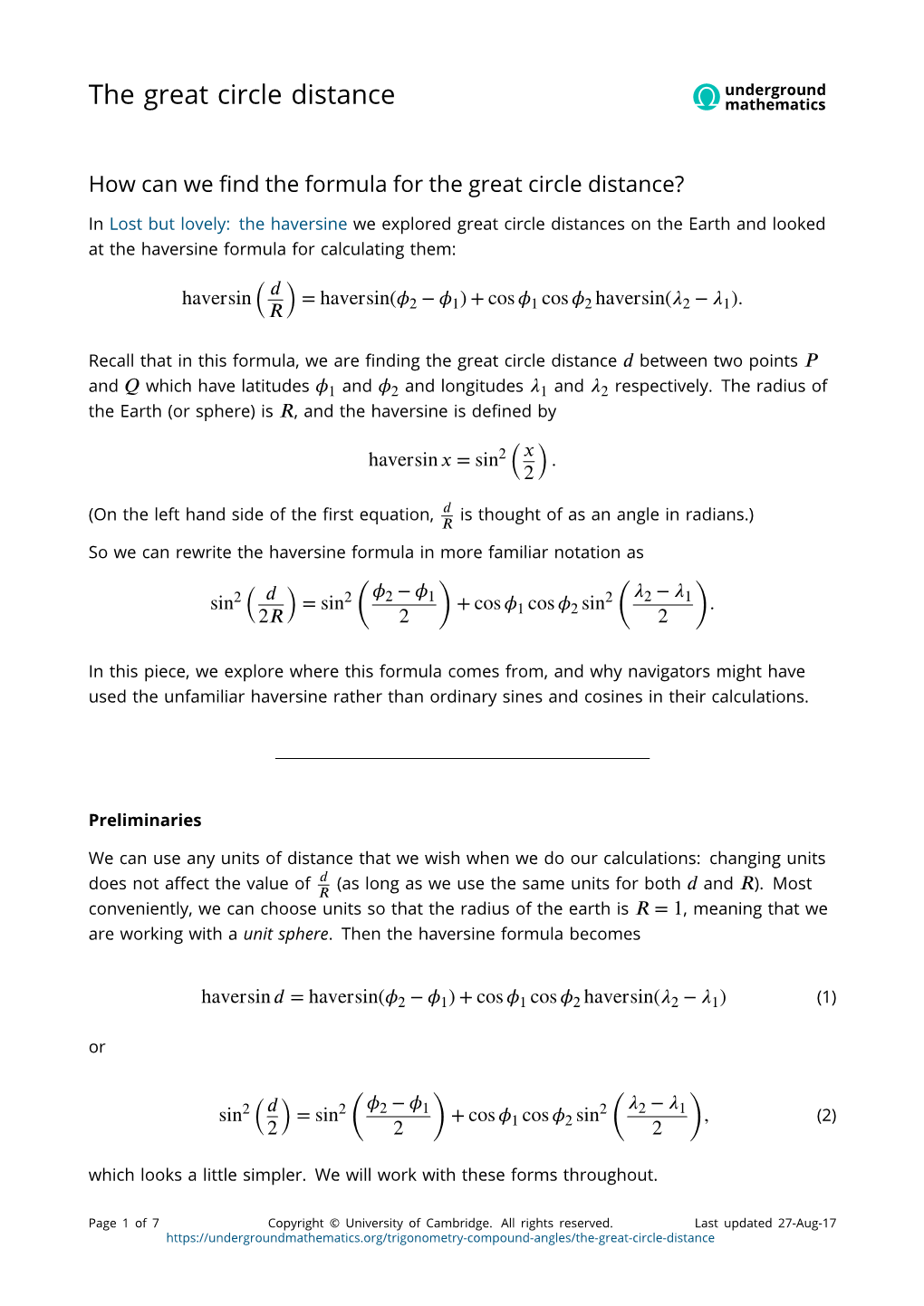 The Great Circle Distance Mathematics