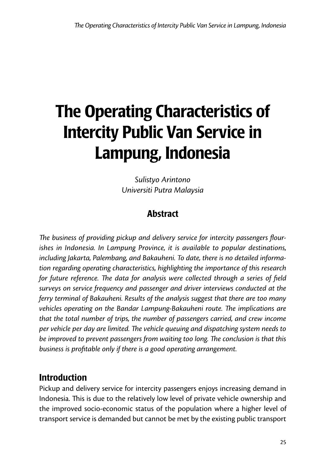 The Operating Characteristics of Intercity Public Van Service in Lampung, Indonesia