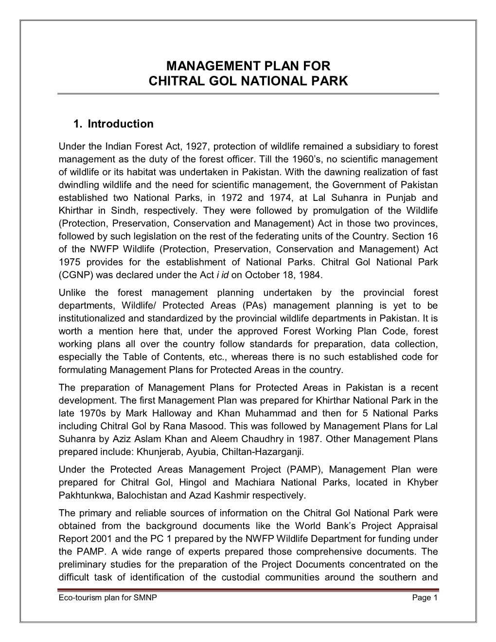 Management Plan for Chitral Gol National Park