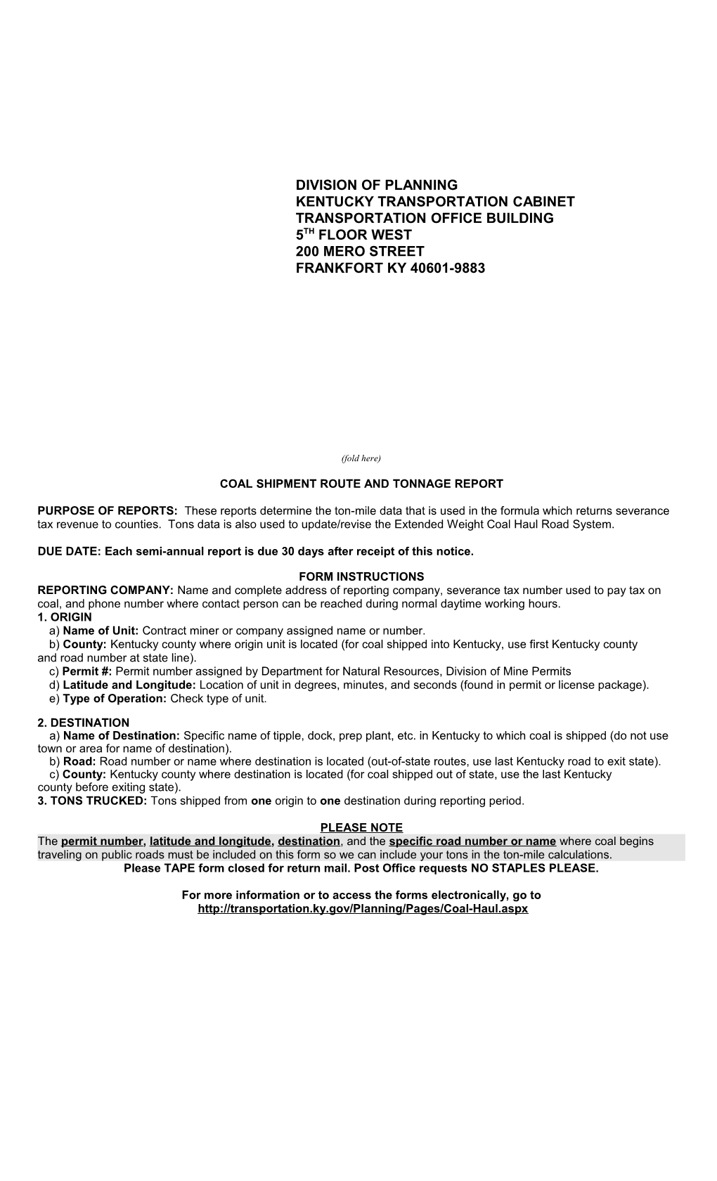 Coal Shipment Route and Tonnage Report