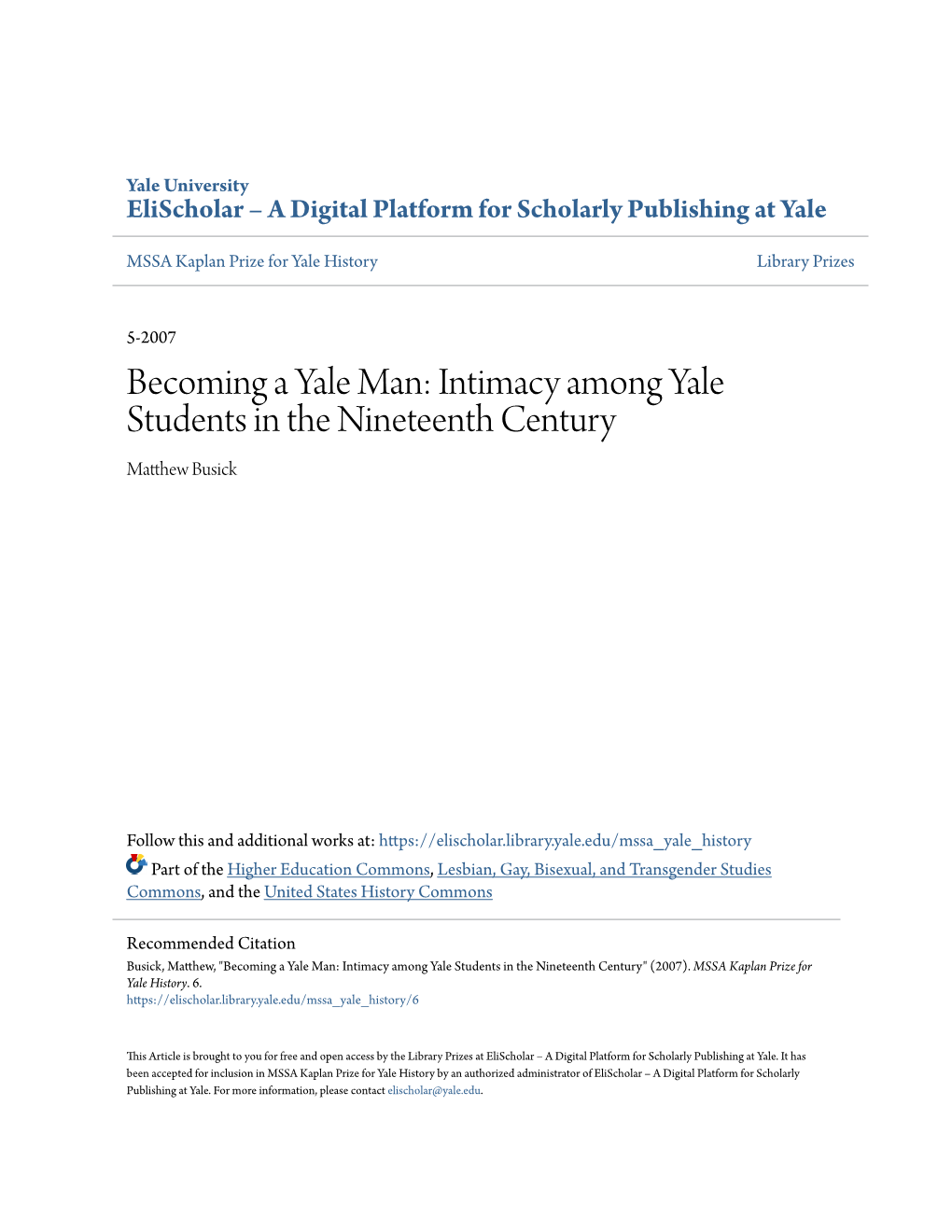 Intimacy Among Yale Students in the Nineteenth Century Matthew Ub Sick