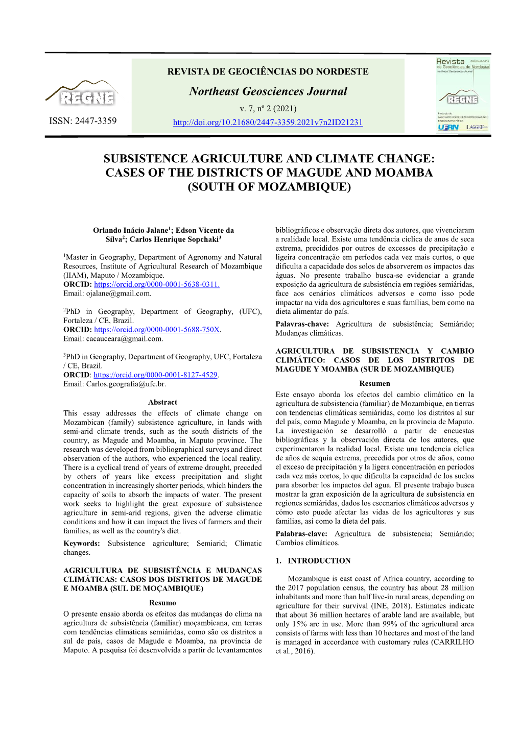 Subsistence Agriculture and Climate Change: Cases of the Districts of Magude and Moamba (South of Mozambique)