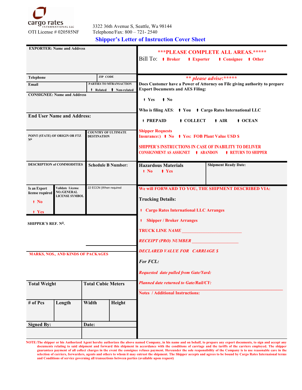 Shipper S Letter of Instructions