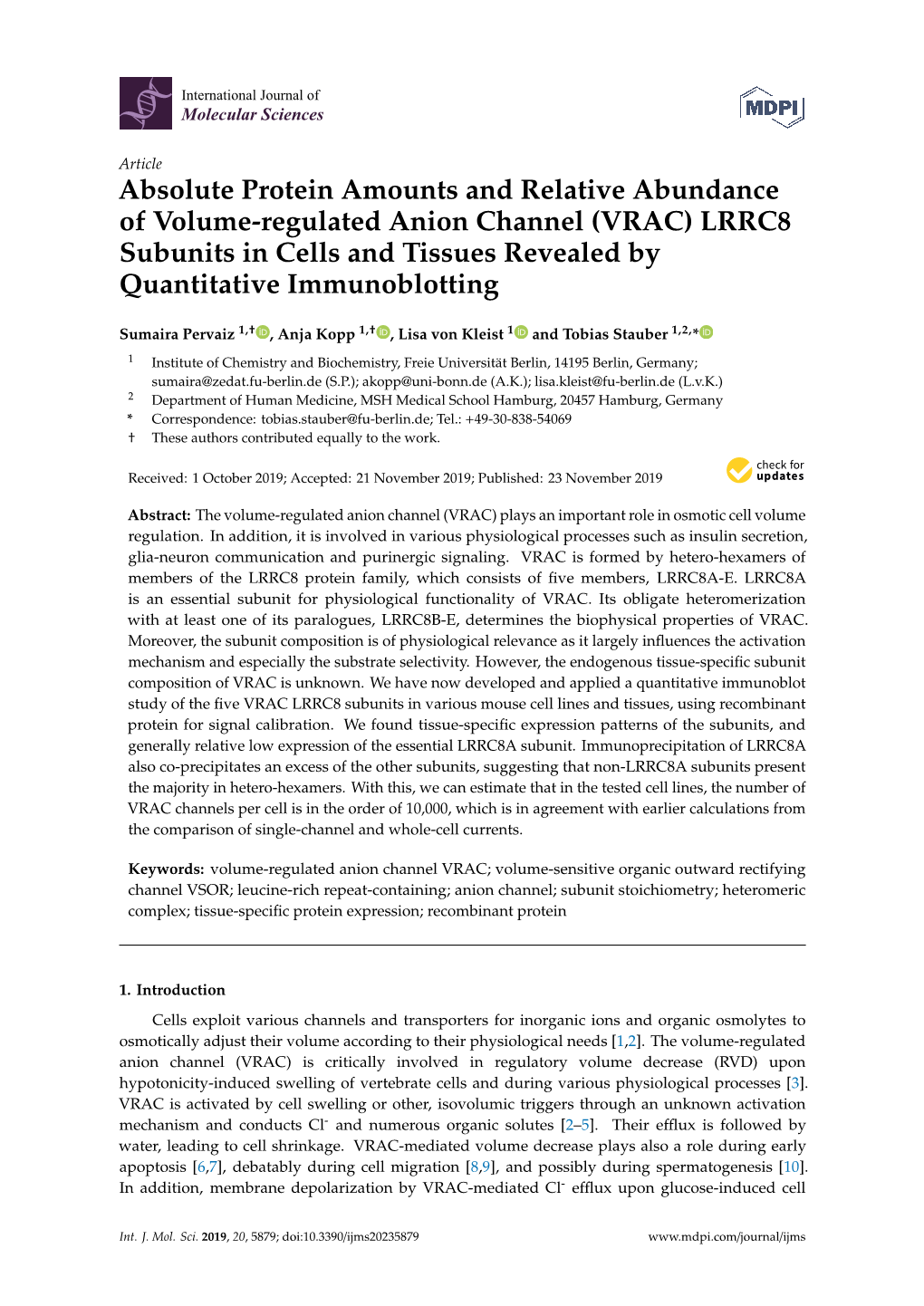 VRAC) LRRC8 Subunits in Cells and Tissues Revealed by Quantitative Immunoblotting