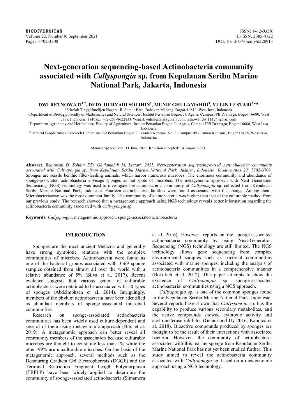 Next-Generation Sequencing-Based Actinobacteria Community Associated with Callyspongia Sp