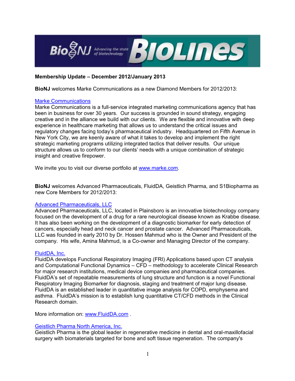 Membership Update – December 2012/January 2013 Bionj