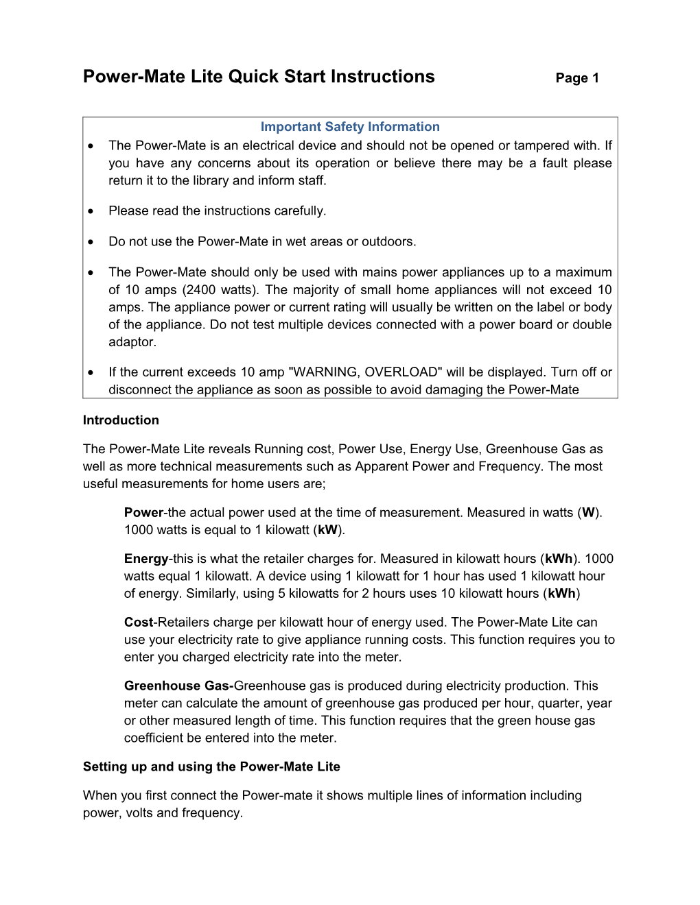 Power-Mate Lite Quick Start Instructions