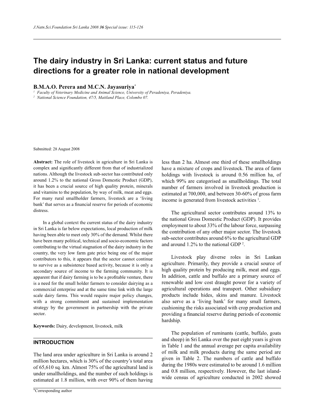 The Dairy Industry in Sri Lanka: Current Status and Future Directions for a Greater Role in National Development