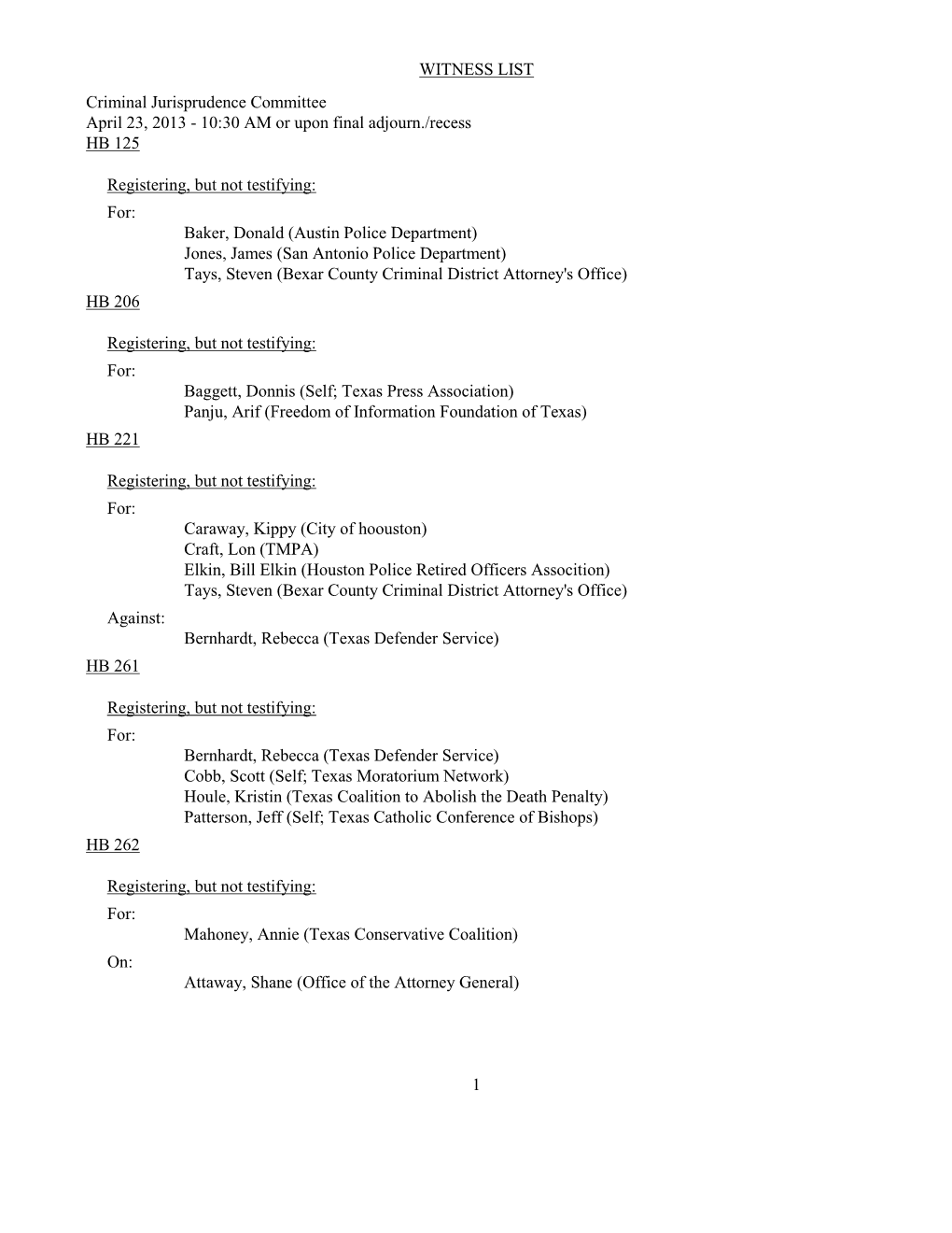 WITNESS LIST Criminal Jurisprudence Committee April 23, 2013 - 10:30 AM Or Upon Final Adjourn./Recess HB 125