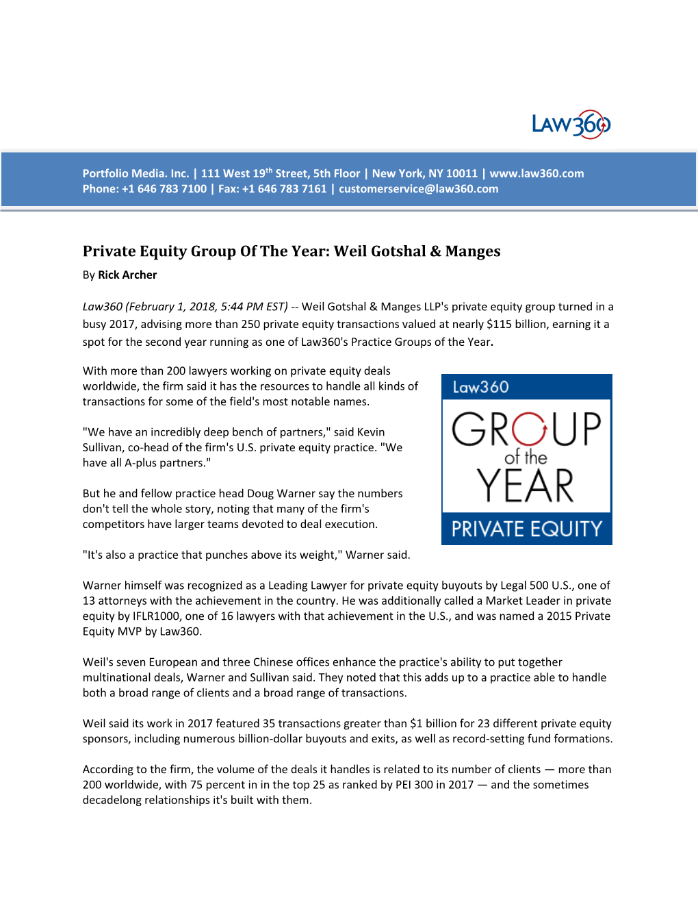 Private Equity Group of the Year: Weil Gotshal & Manges by Rick Archer