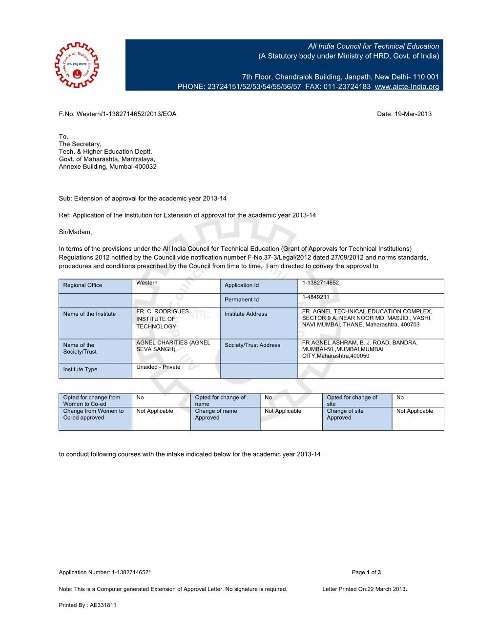 India Council for Technical Education (A Statutory Body Under Ministry of HRD, Govt