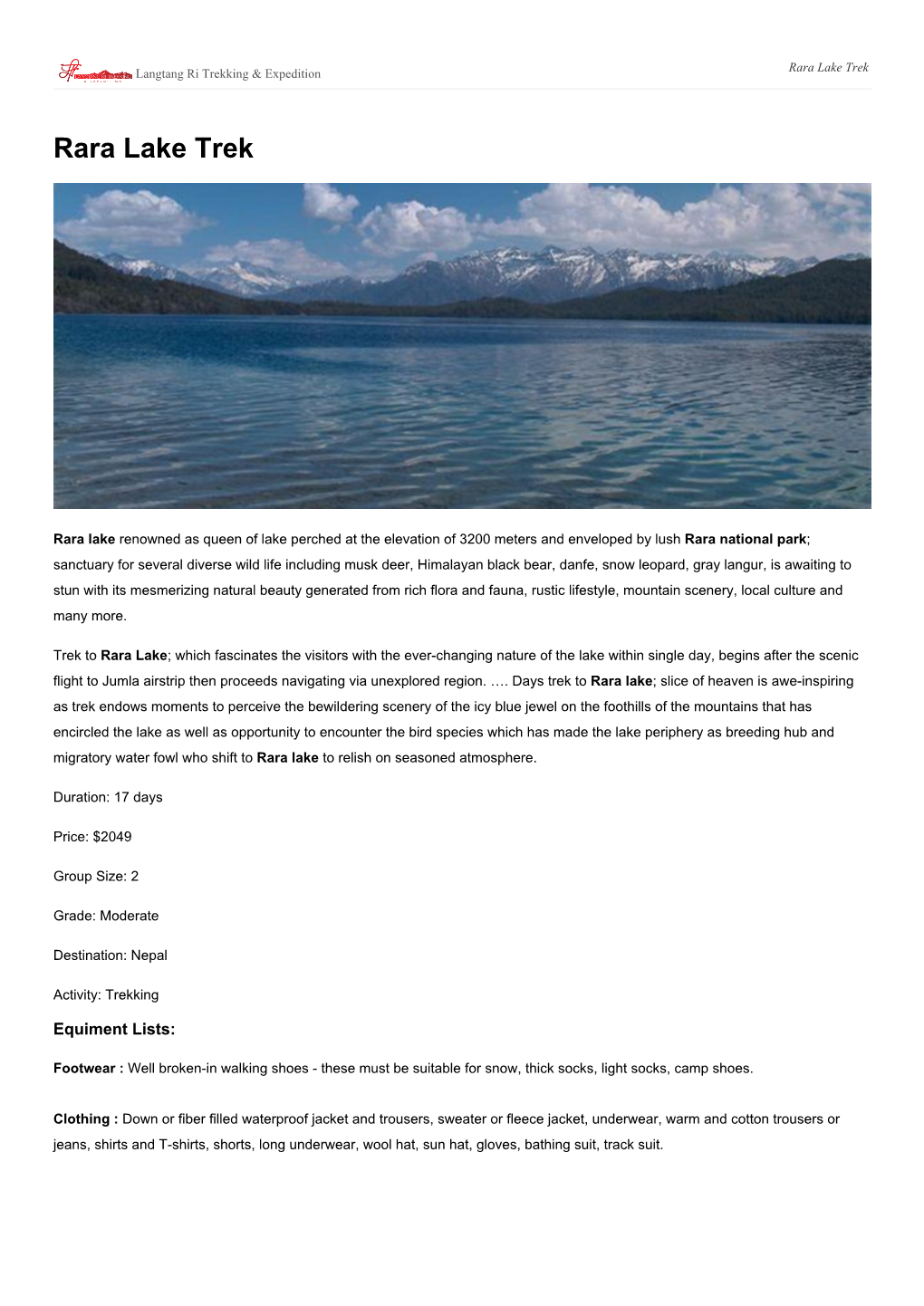 Rara Lake Trek Langtang Ri Trekking & Expedition