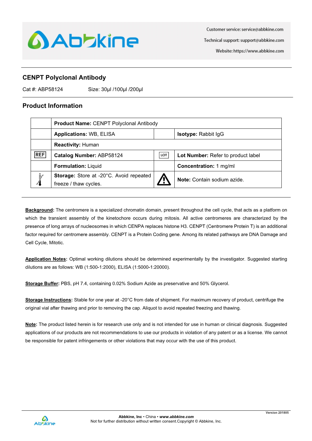 CENPT Polyclonal Antibody Product Information