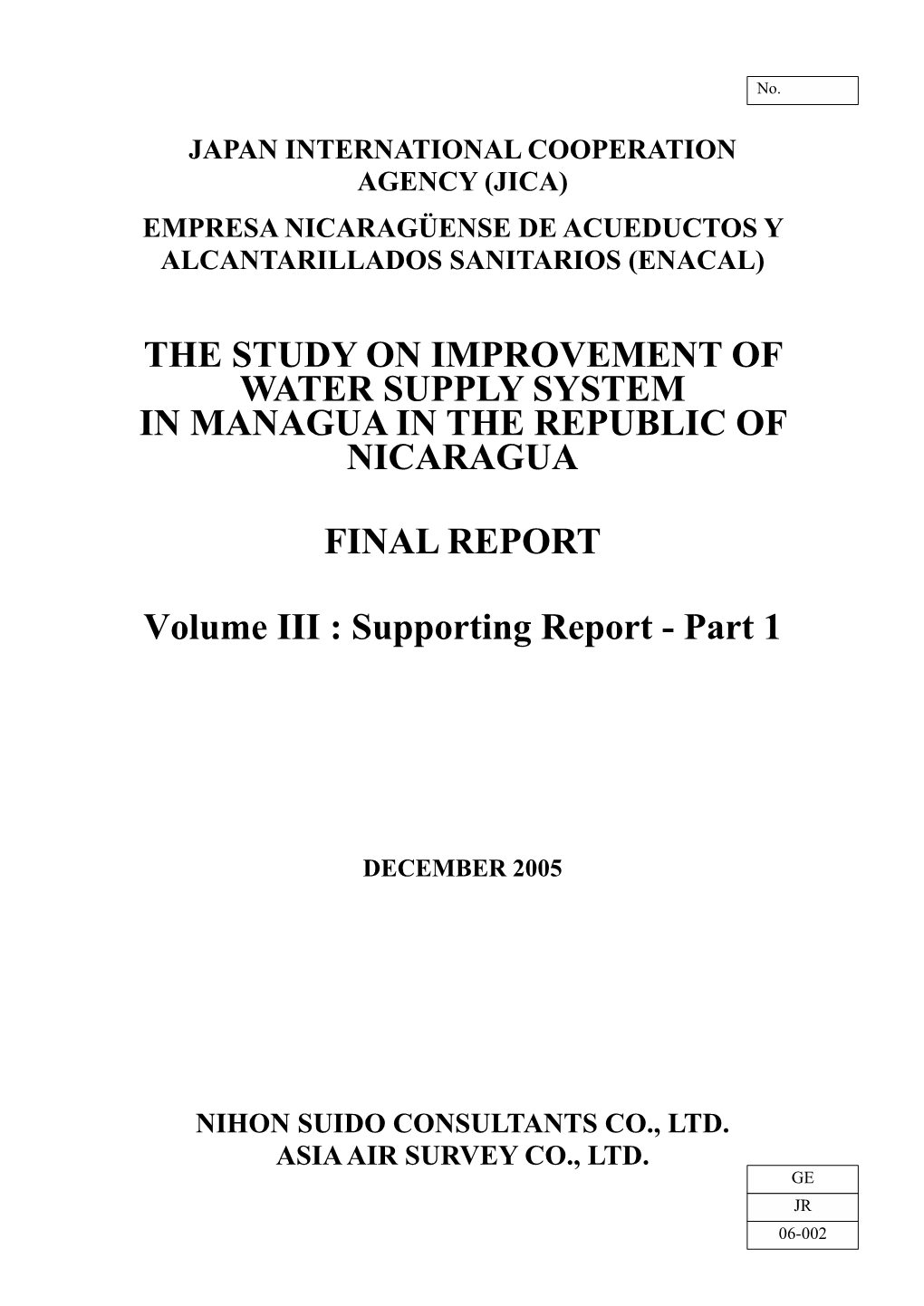 The Study on Improvement of Water Supply System in Managua in the Republic of Nicaragua