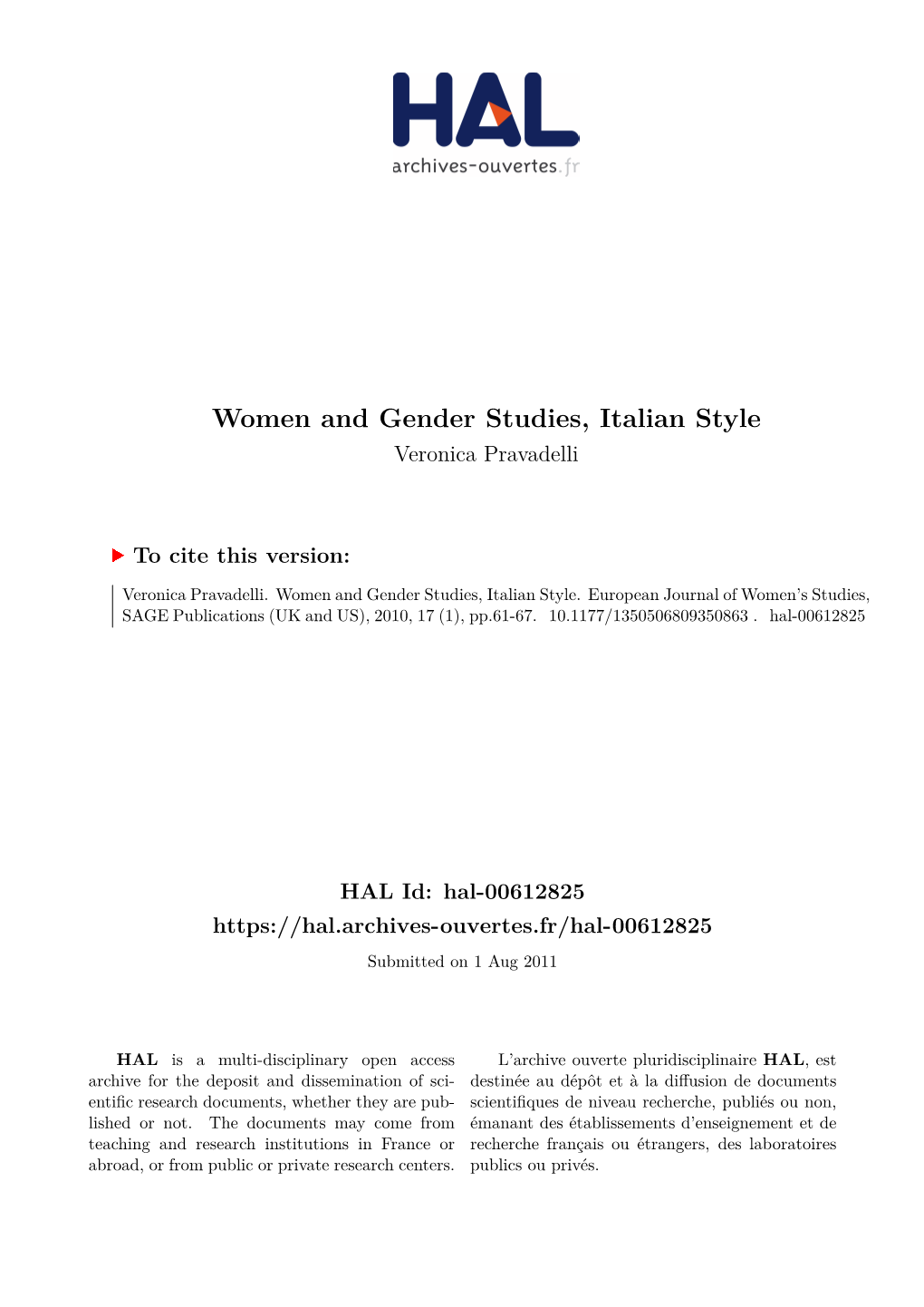 Women and Gender Studies, Italian Style Veronica Pravadelli