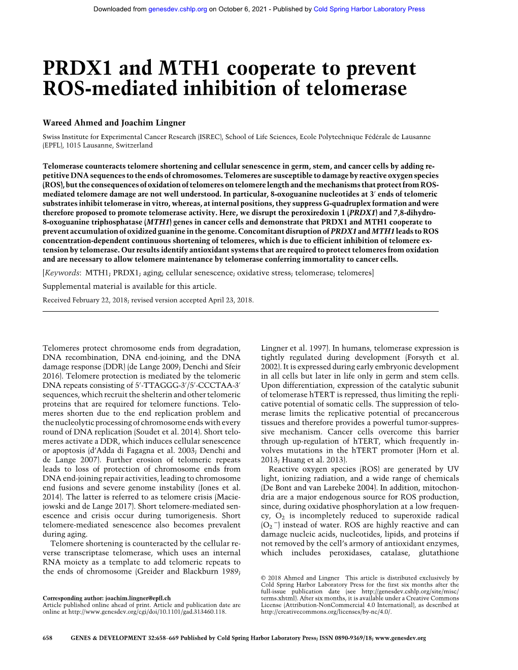 PRDX1 and MTH1 Cooperate to Prevent ROS-Mediated Inhibition of Telomerase
