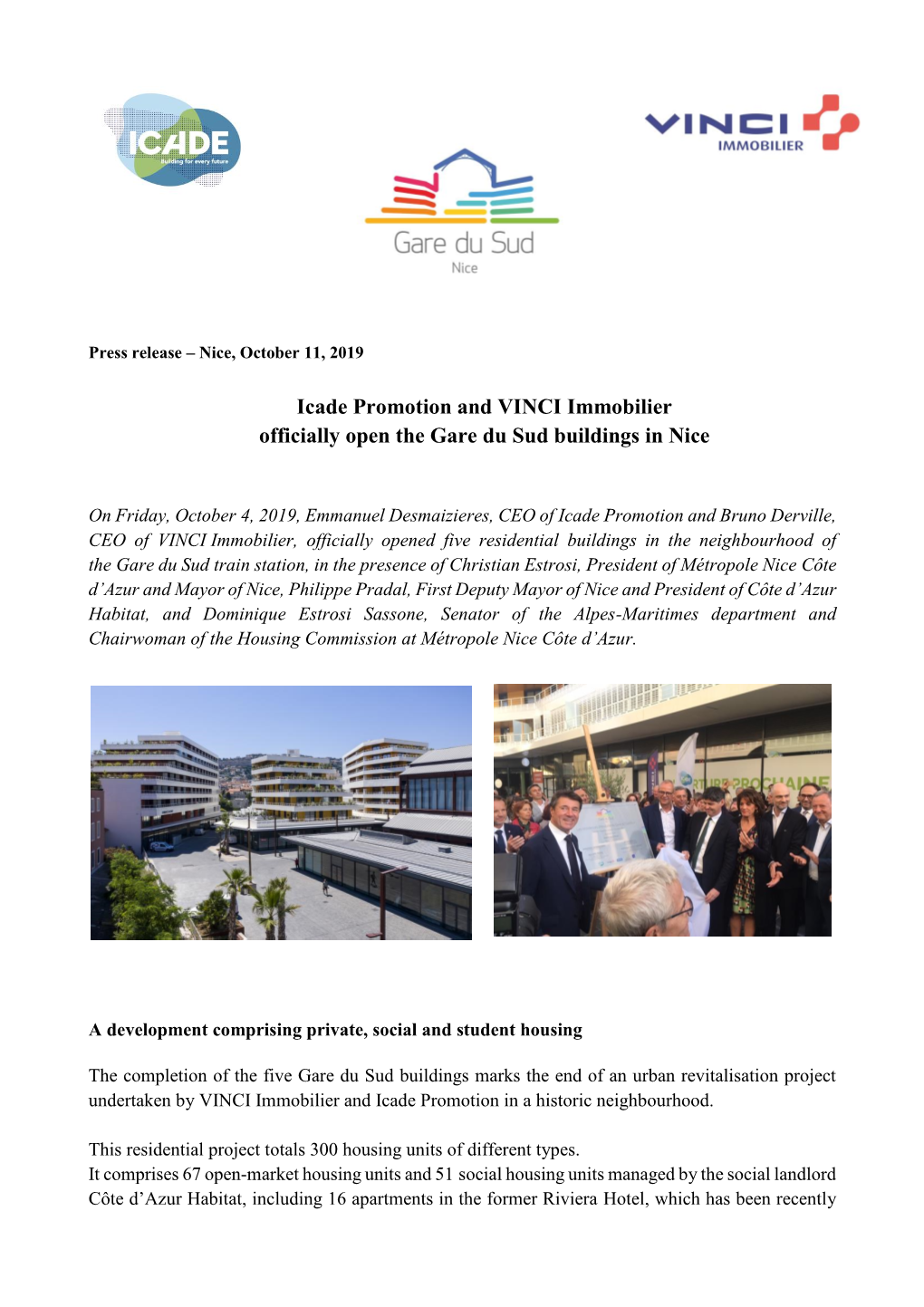 Icade Promotion and VINCI Immobilier Officially Open the Gare Du Sud Buildings in Nice