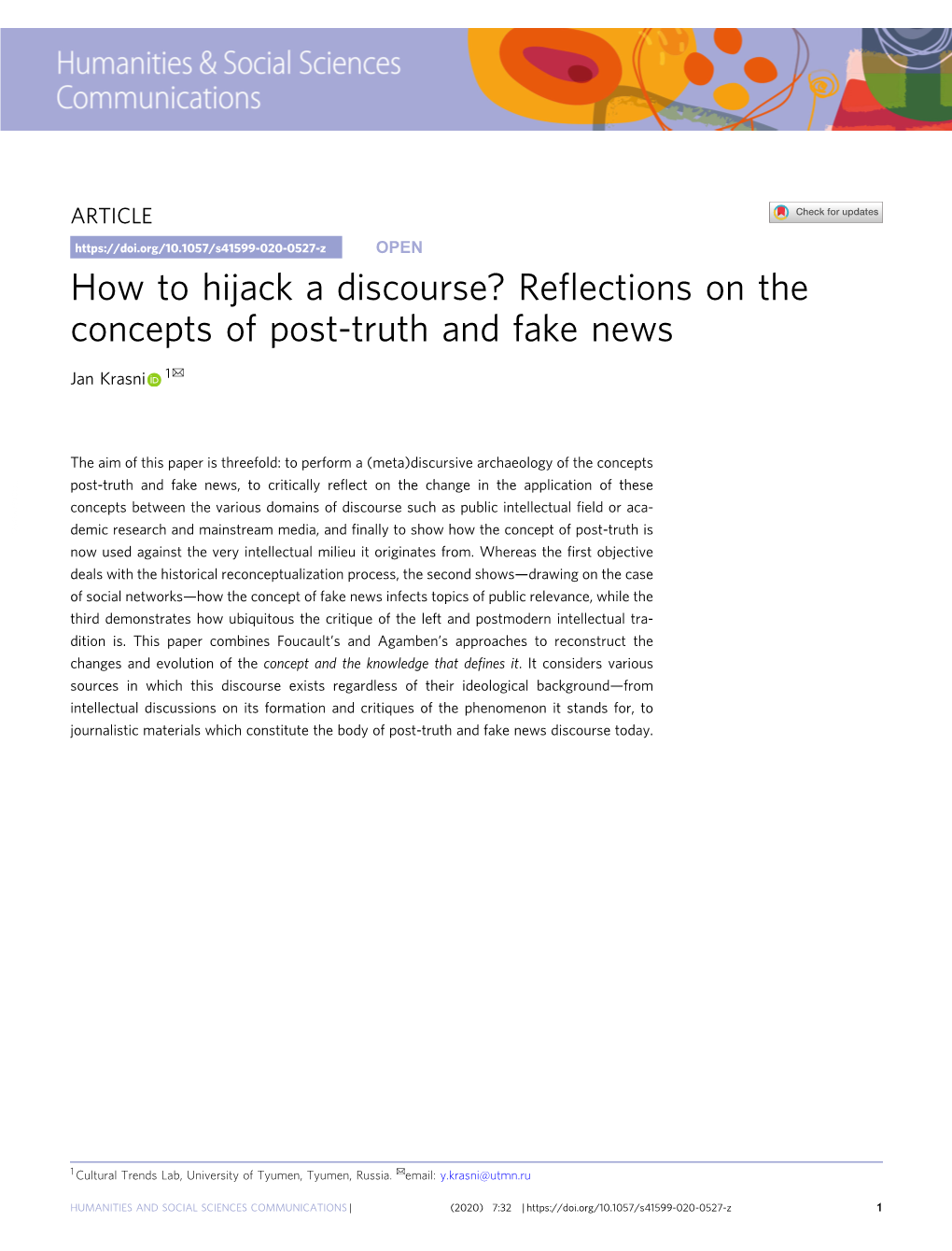 How to Hijack a Discourse? Reﬂections on the Concepts of Post-Truth and Fake News ✉ Jan Krasni 1