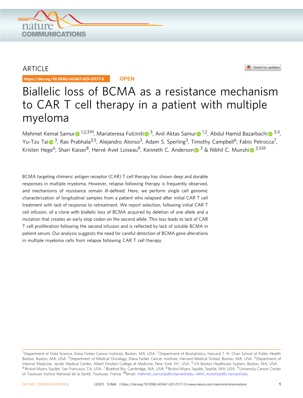 Biallelic Loss of BCMA As a Resistance Mechanism to CAR T Cell Therapy In