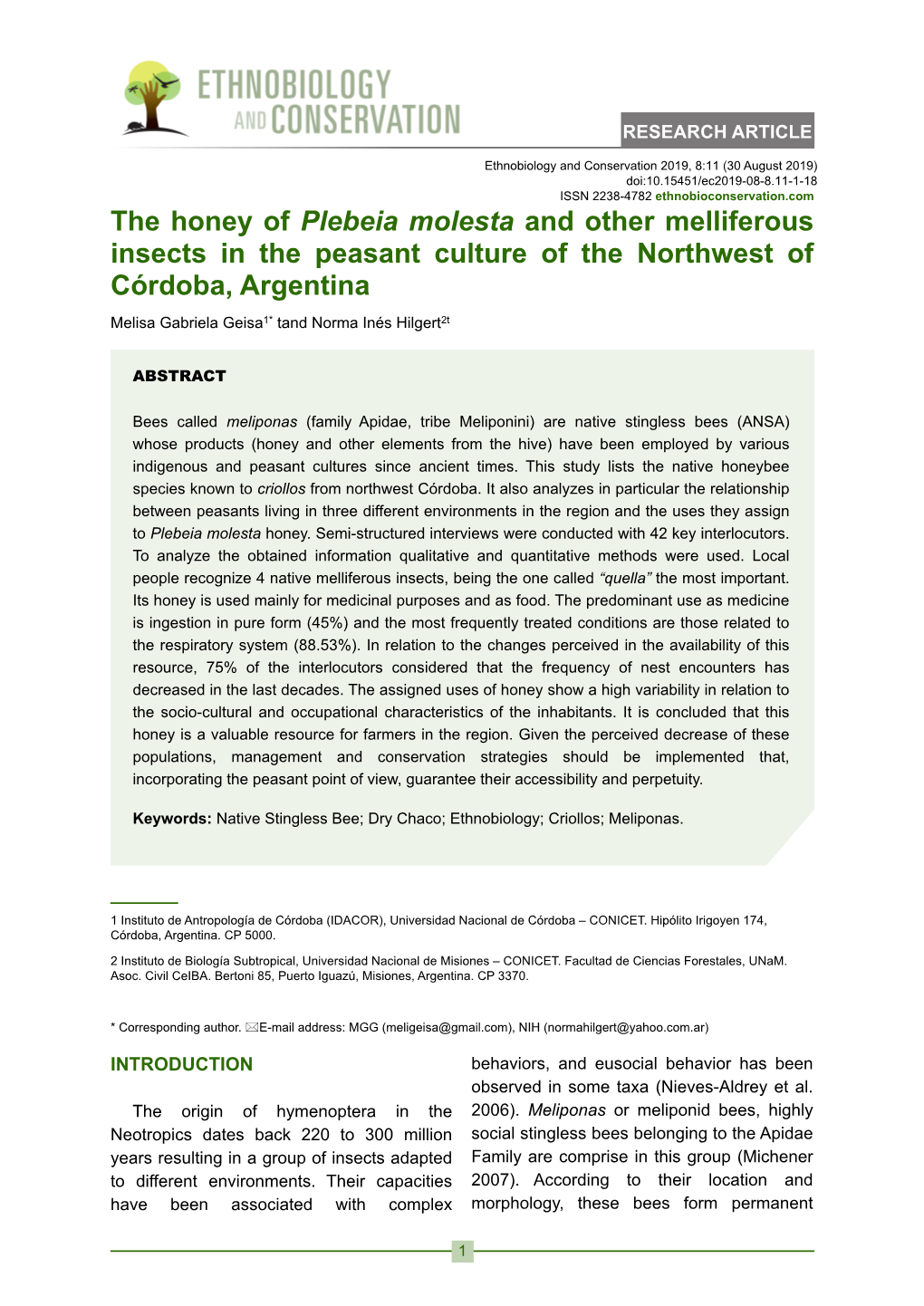 The Honey of Plebeia Molesta and Other Melliferous Insects in The