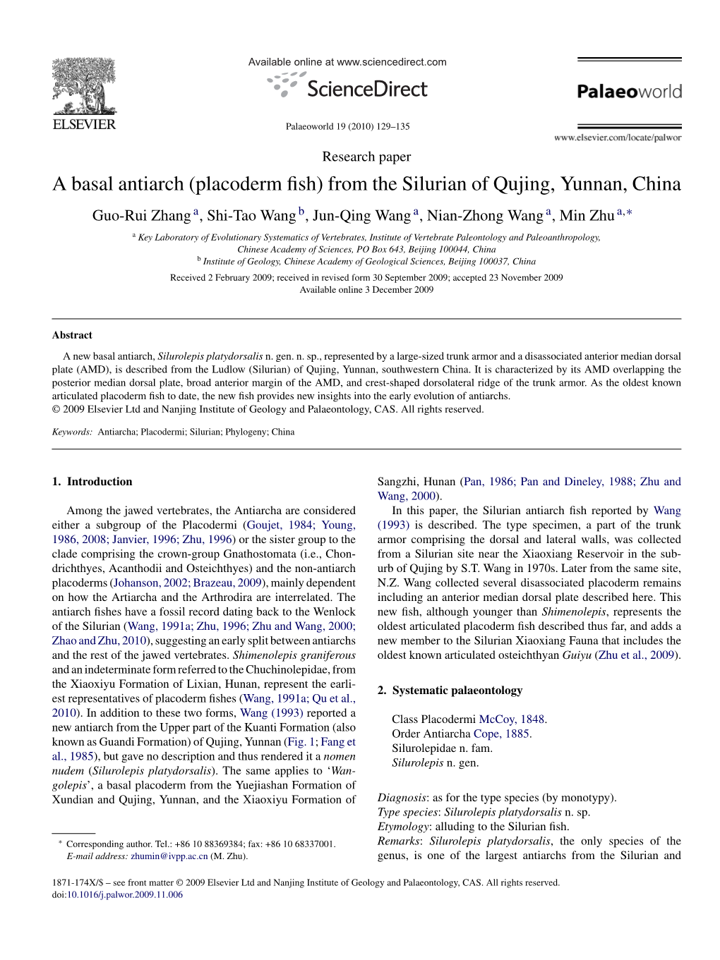 A Basal Antiarch (Placoderm Fish) from the Silurian of Qujing