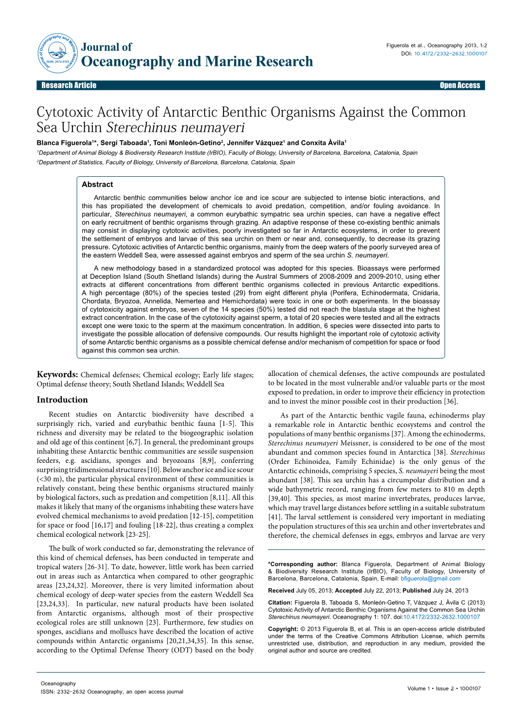 Cytotoxic Activity of Antarctic Benthic Organisms Against the Common Sea Urchin Sterechinus Neumayeri