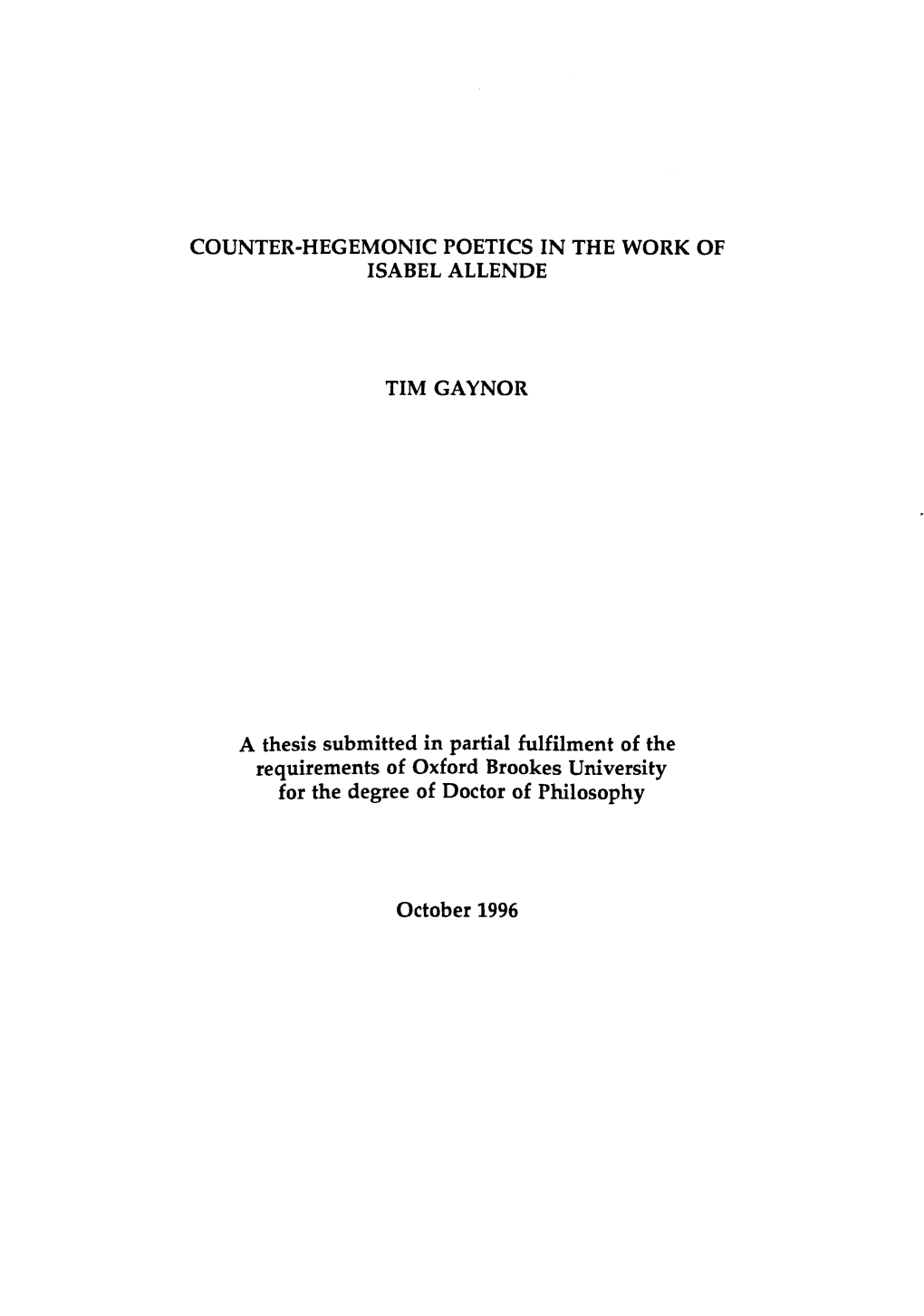 A Thesis Submitted in Partial Fulfilment of the Requirements of Oxford Brookes University for the Degree of Doctor of Philosophy