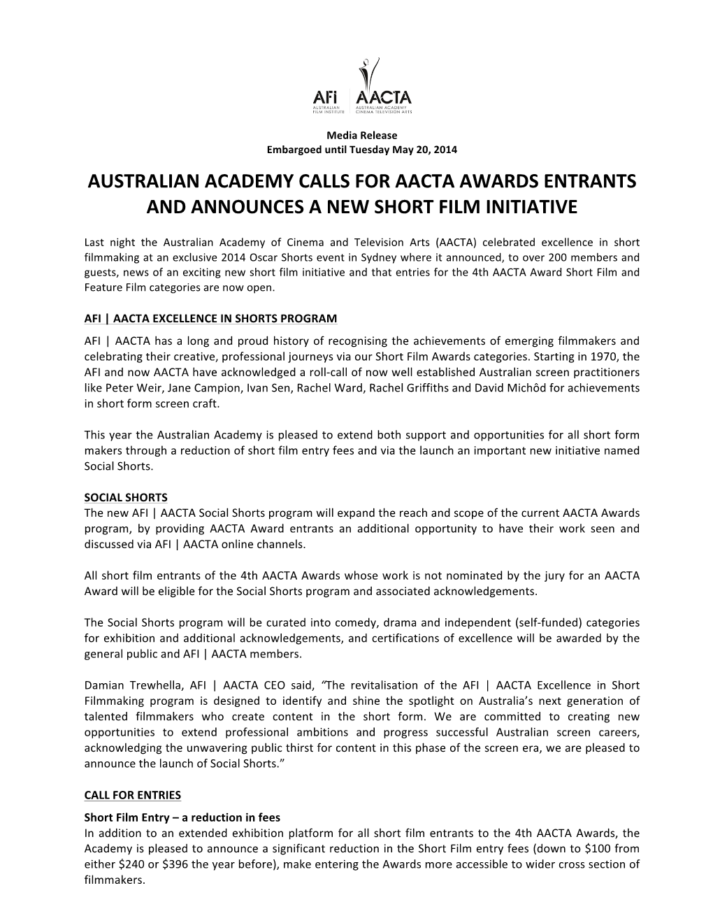 Australian Academy Calls for Aacta Awards Entrants and Announces a New Short Film Initiative