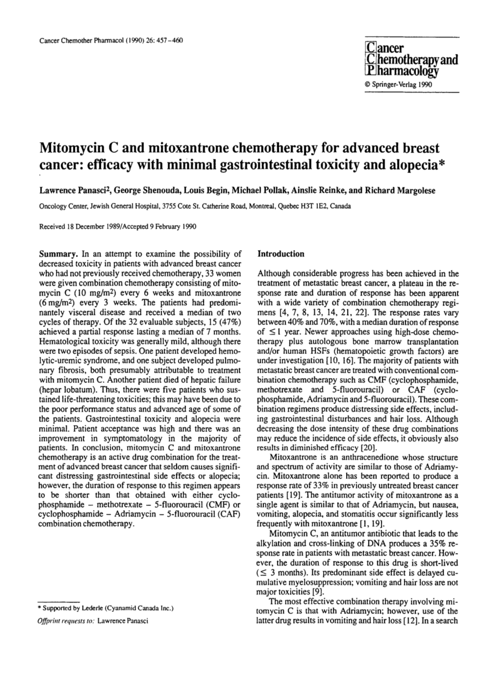 Mitomycin C and Mitoxantrone Chemotherapy for Advanced Breast Cancer: Efficacy with Minimal Gastrointestinal Toxicity and Alopecia*