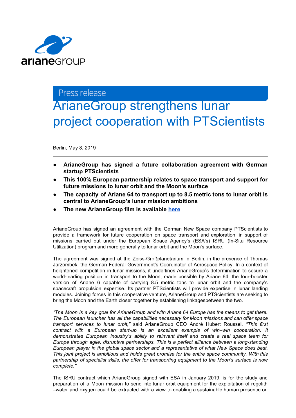 Arianegroup Strengthens Lunar Project Cooperation with Ptscientists
