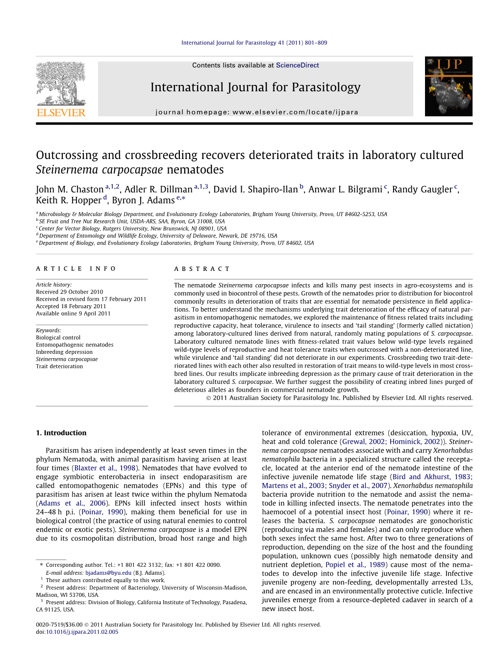 Outcrossing and Crossbreeding Recovers Deteriorated Traits in Laboratory Cultured Steinernema Carpocapsae Nematodes