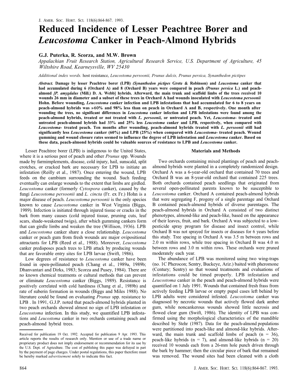 "Reduced Incidence of Lesser Peachtree Borer and Leucostoma Canker in Peach-Almond Hybrids"