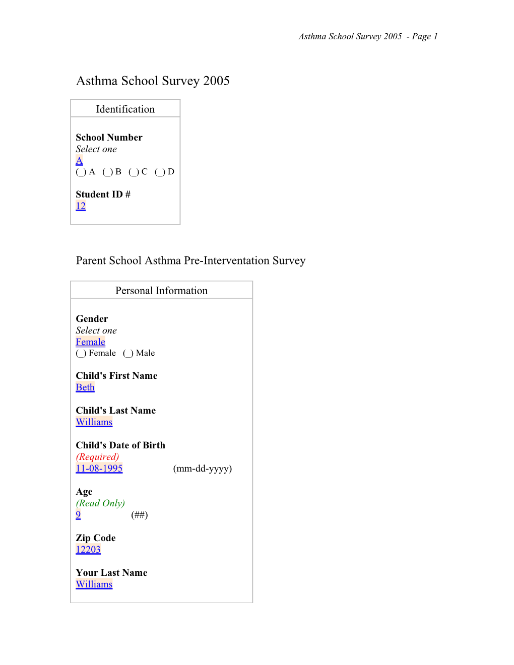 Asthma School Survey 2005