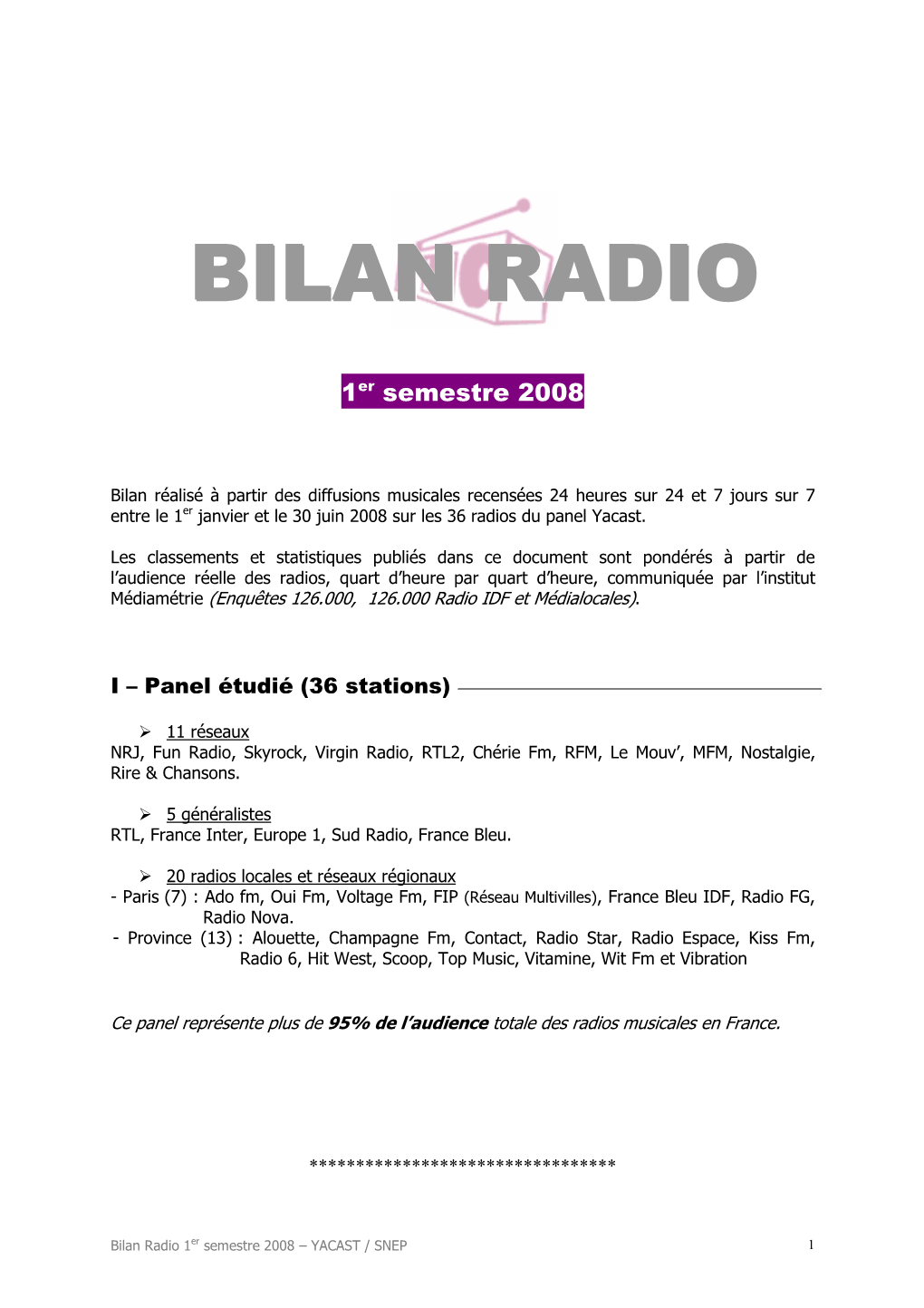 Bilan Radio 1Er Semestre 2008 – YACAST / SNEP 1