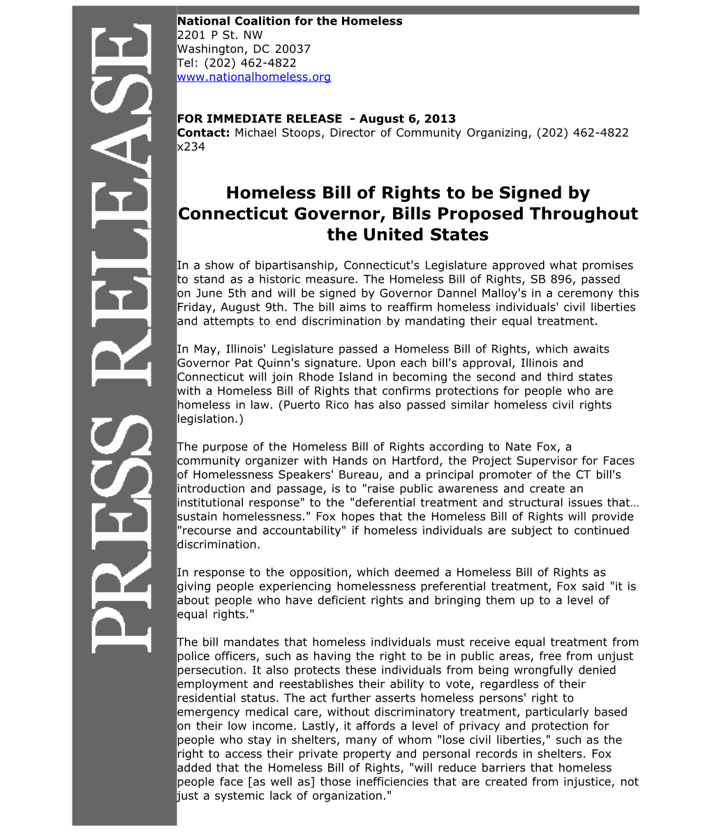 Homeless Bills of Rights Proposed Throughout the US