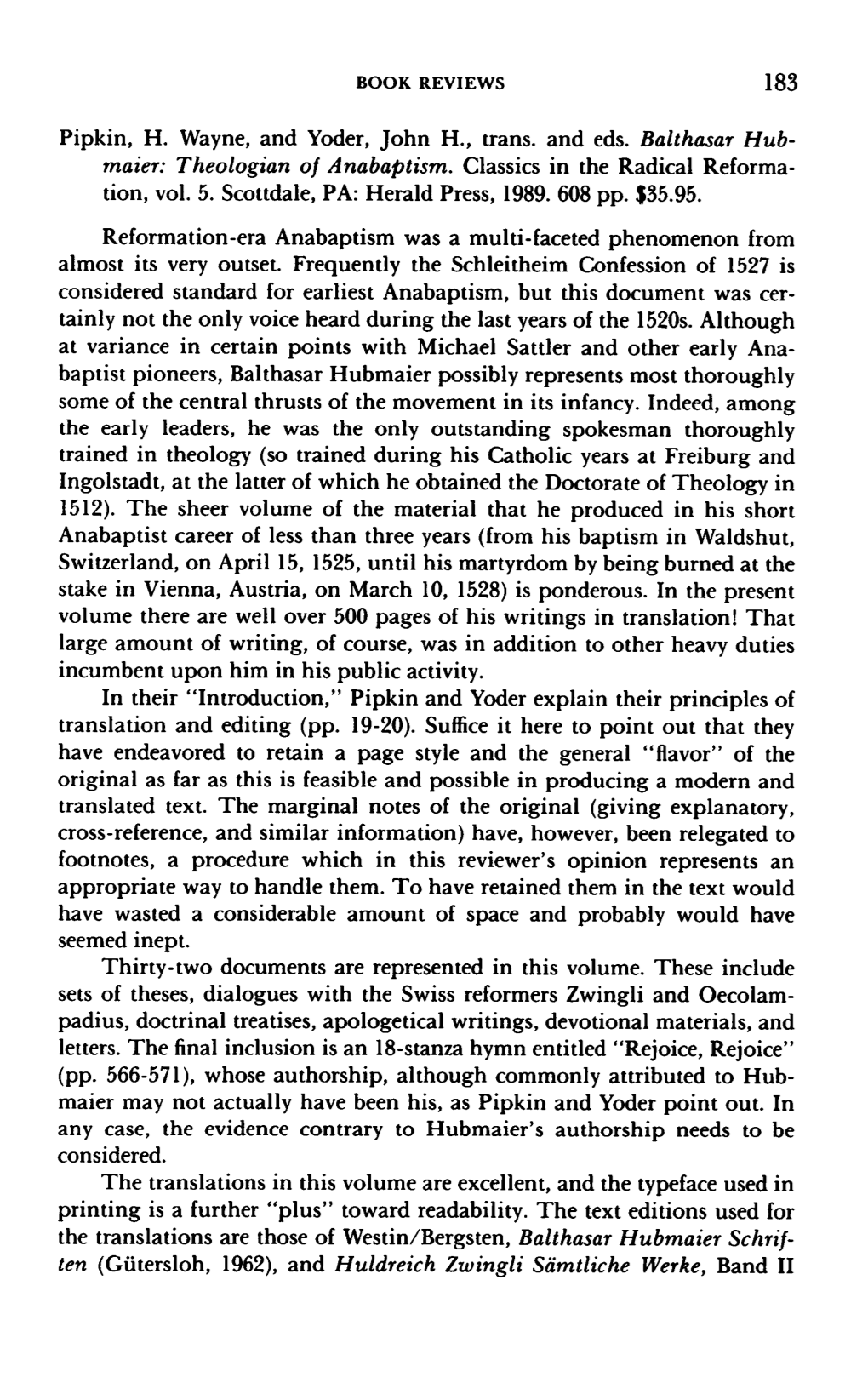 Balthasar Hubmaier, Theologian of Anabaptism