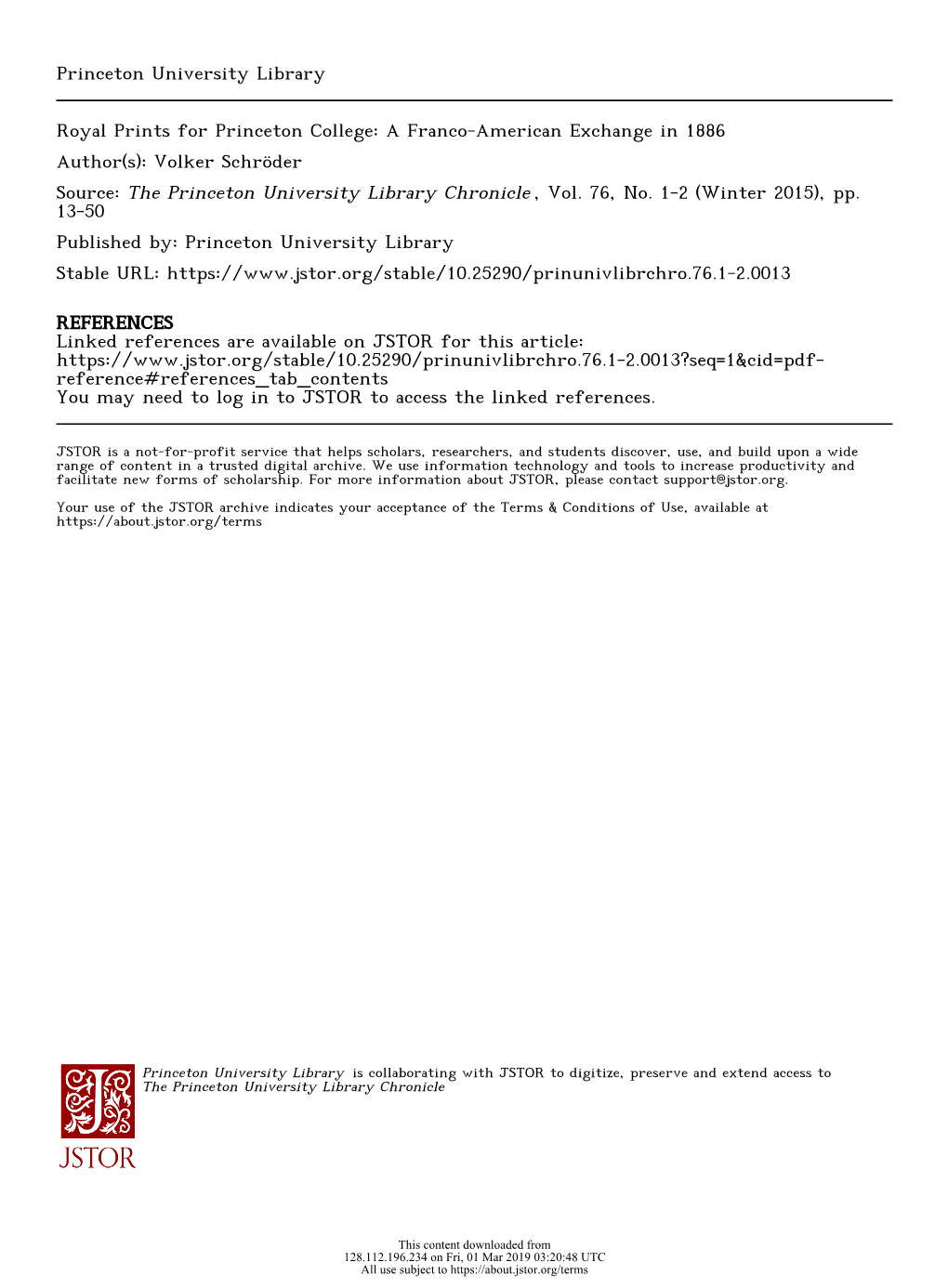 Royal Prints for Princeton College: a Franco-American Exchange in 1886 Author(S): Volker Schröder Source: the Princeton University Library Chronicle , Vol