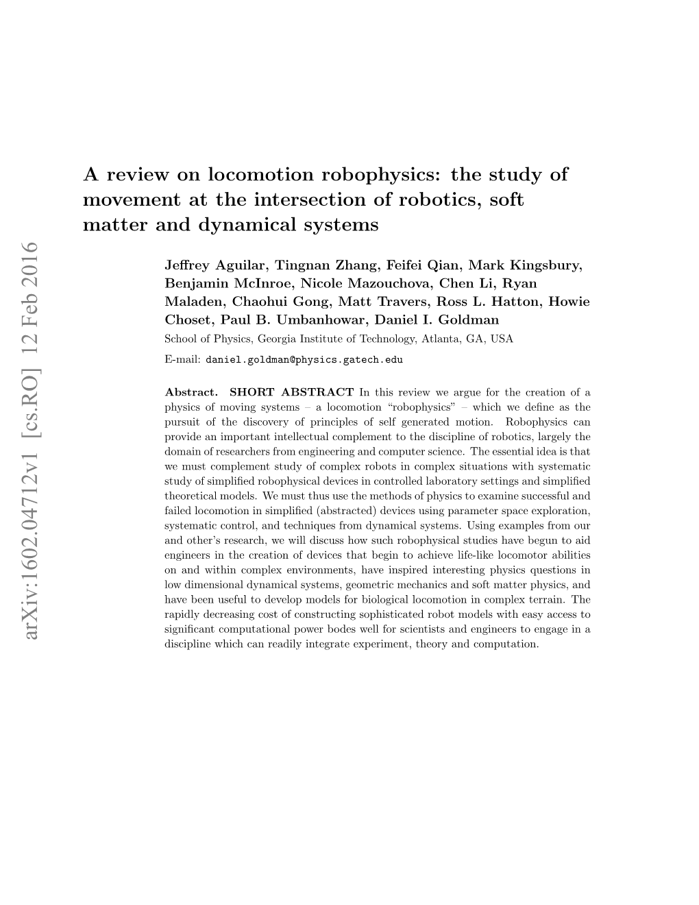 A Review on Locomotion Robophysics: the Study of Movement at the Intersection of Robotics, Soft Matter and Dynamical Systems