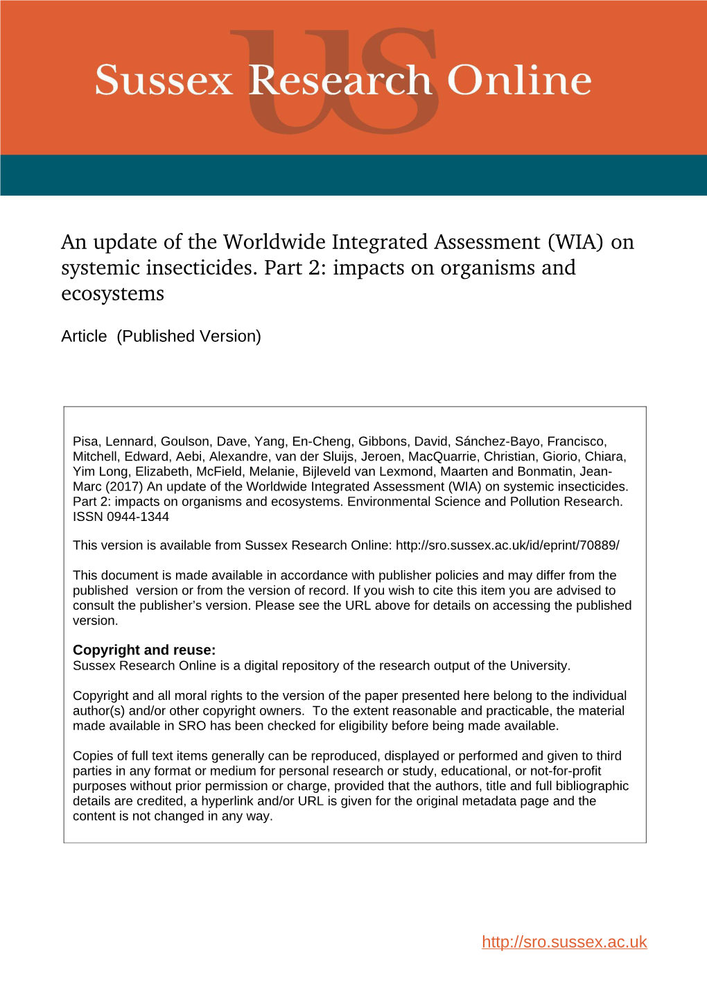 (WIA) on Systemic Insecticides. Part 2: Impacts on Organisms and Ecosystems