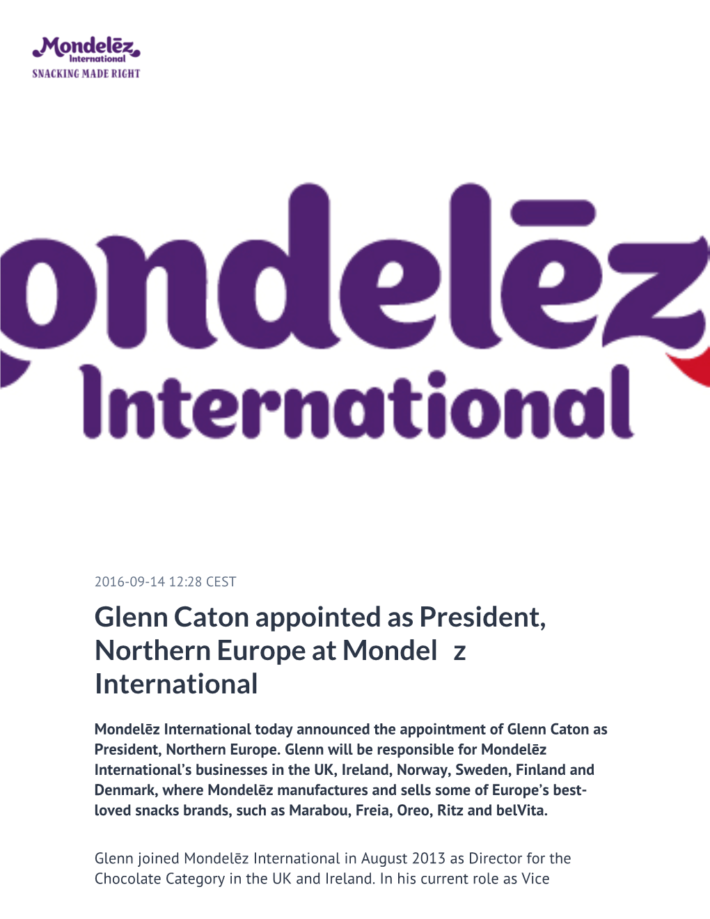 Glenn Caton Appointed As President, Northern Europe at Mondelēz International