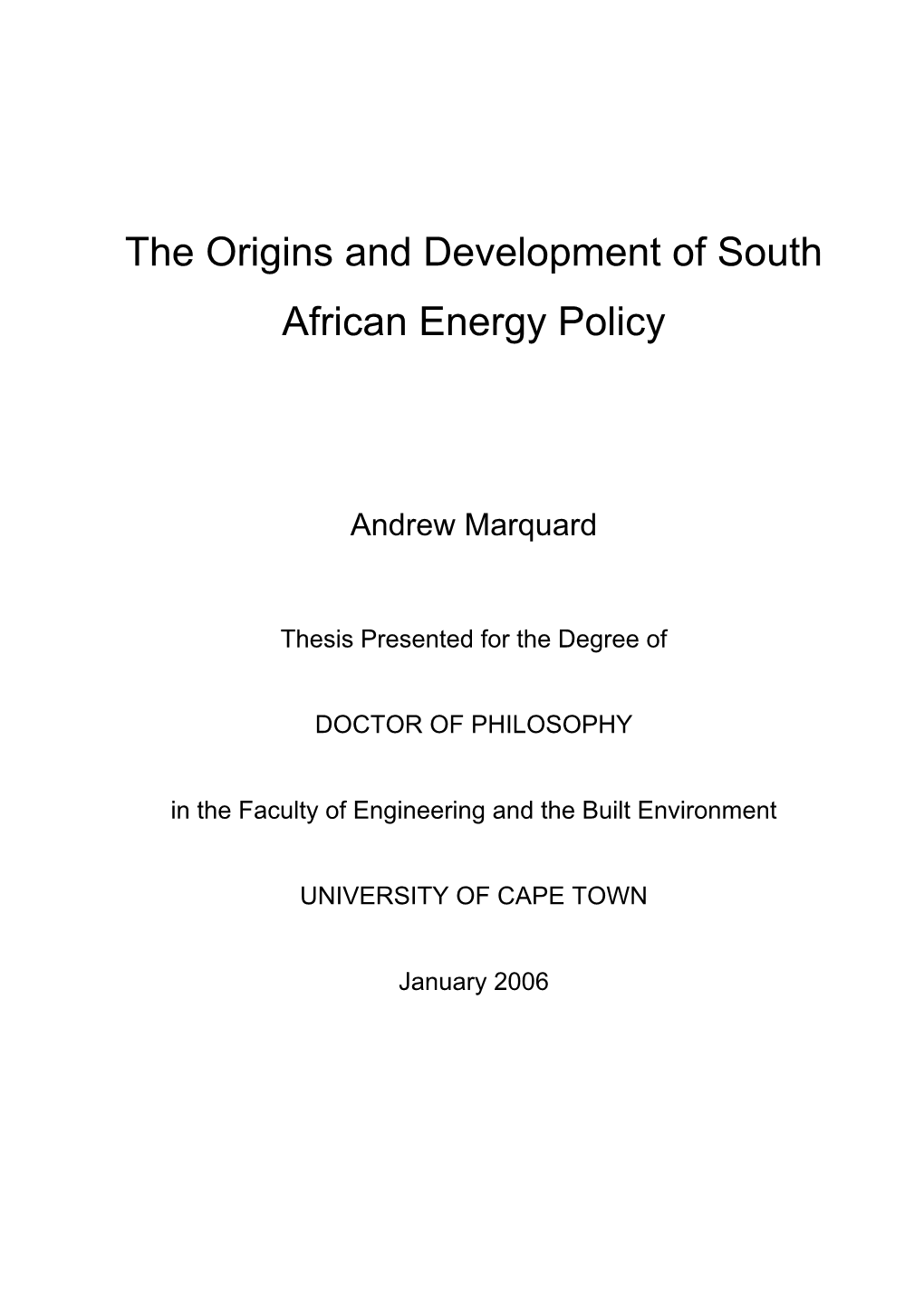 The Origins and Development of South African Energy Policy