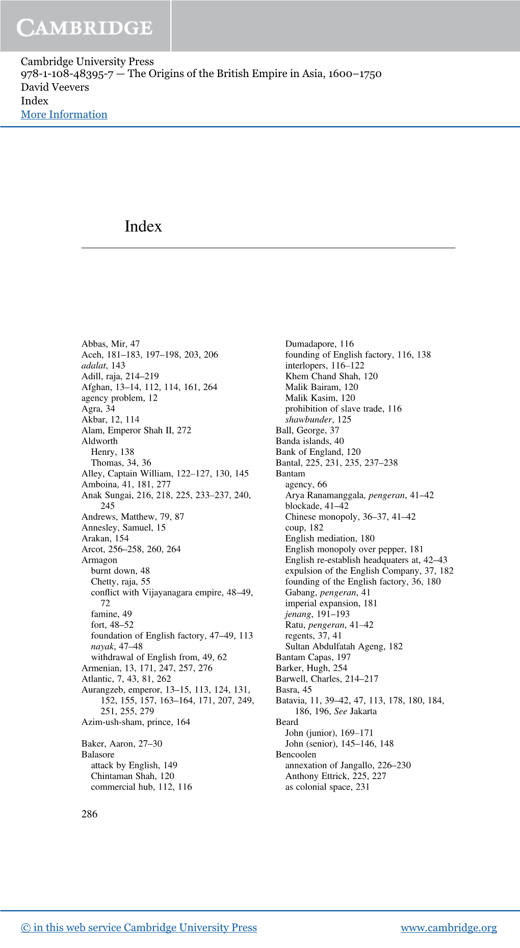 Cambridge University Press 978-1-108-48395-7 — the Origins of the British Empire in Asia, 1600–1750 David Veevers Index More Information