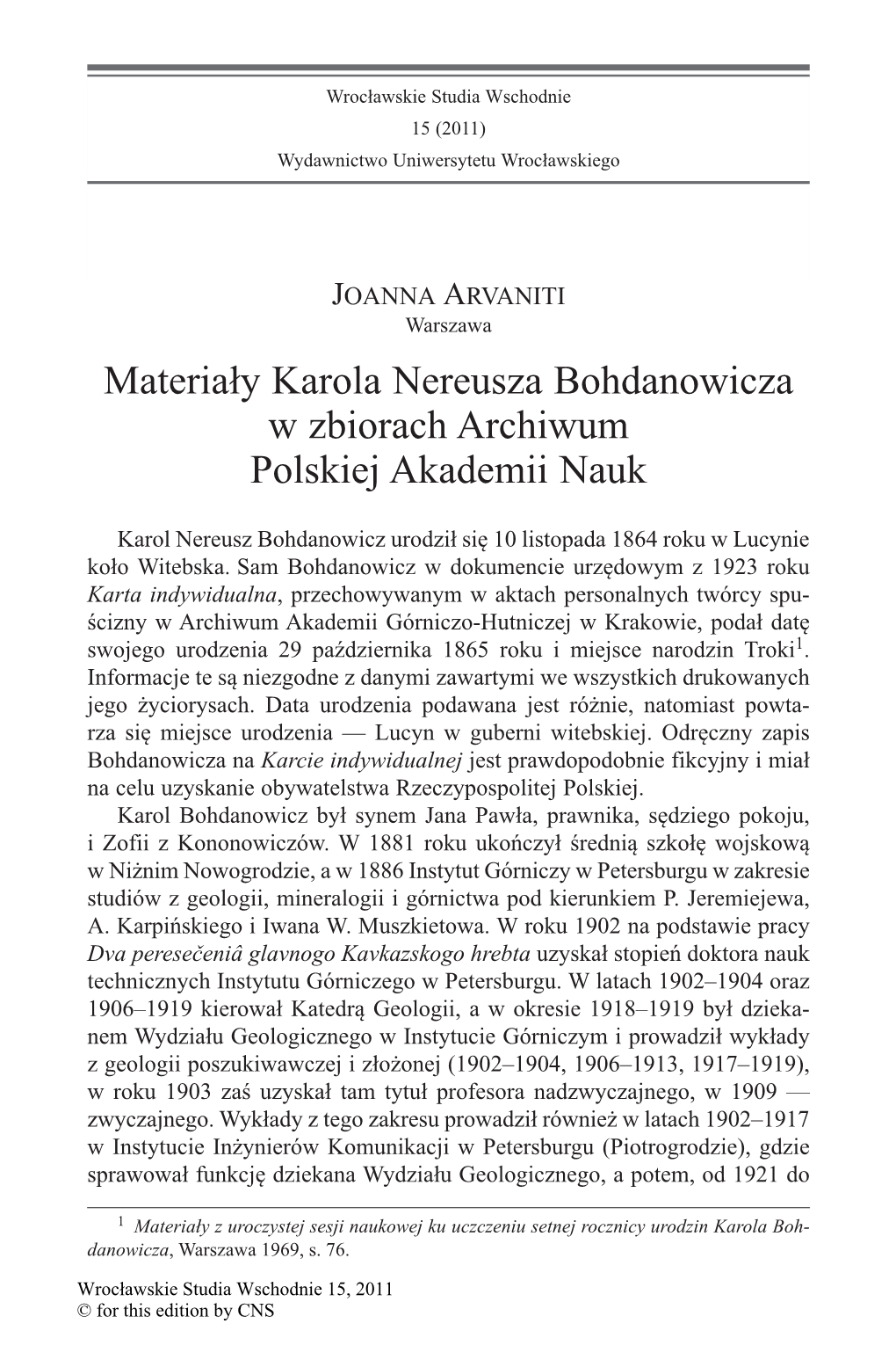 Materiały Karola Nereusza Bohdanowicza W Zbiorach Archiwum Polskiej Akademii Nauk