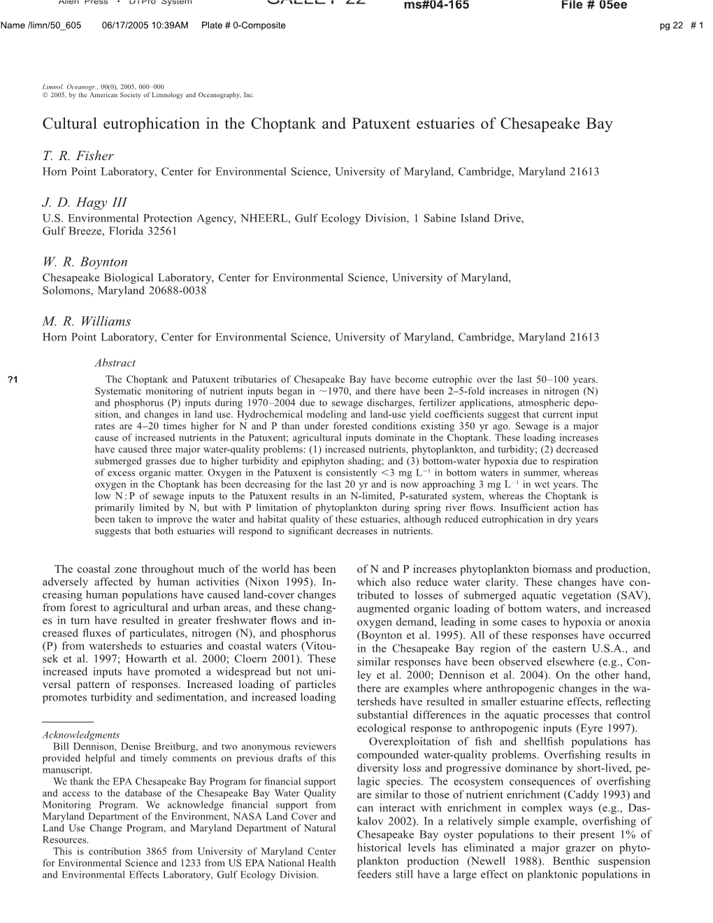 GALLEY 22 Cultural Eutrophication in the Choptank and Patuxent