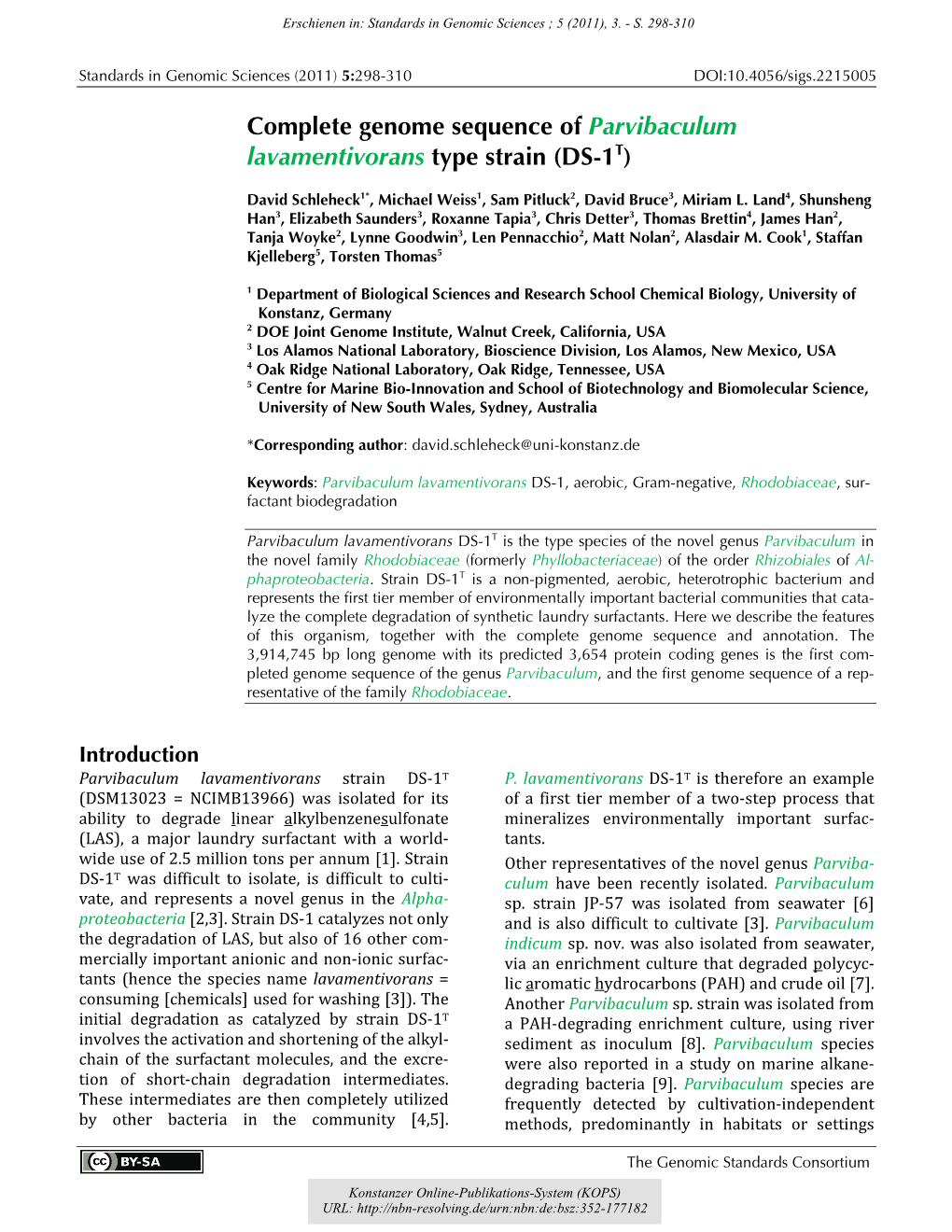 Complete Genome Sequence of Parvibaculum Lavamentivorans Type Strain (DS-1T)