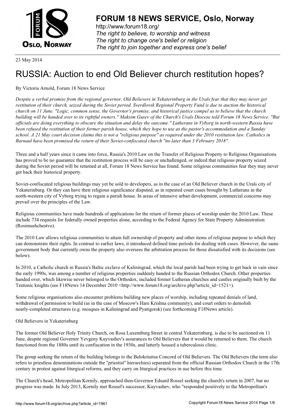 Auction to End Old Believer Church Restitution Hopes?