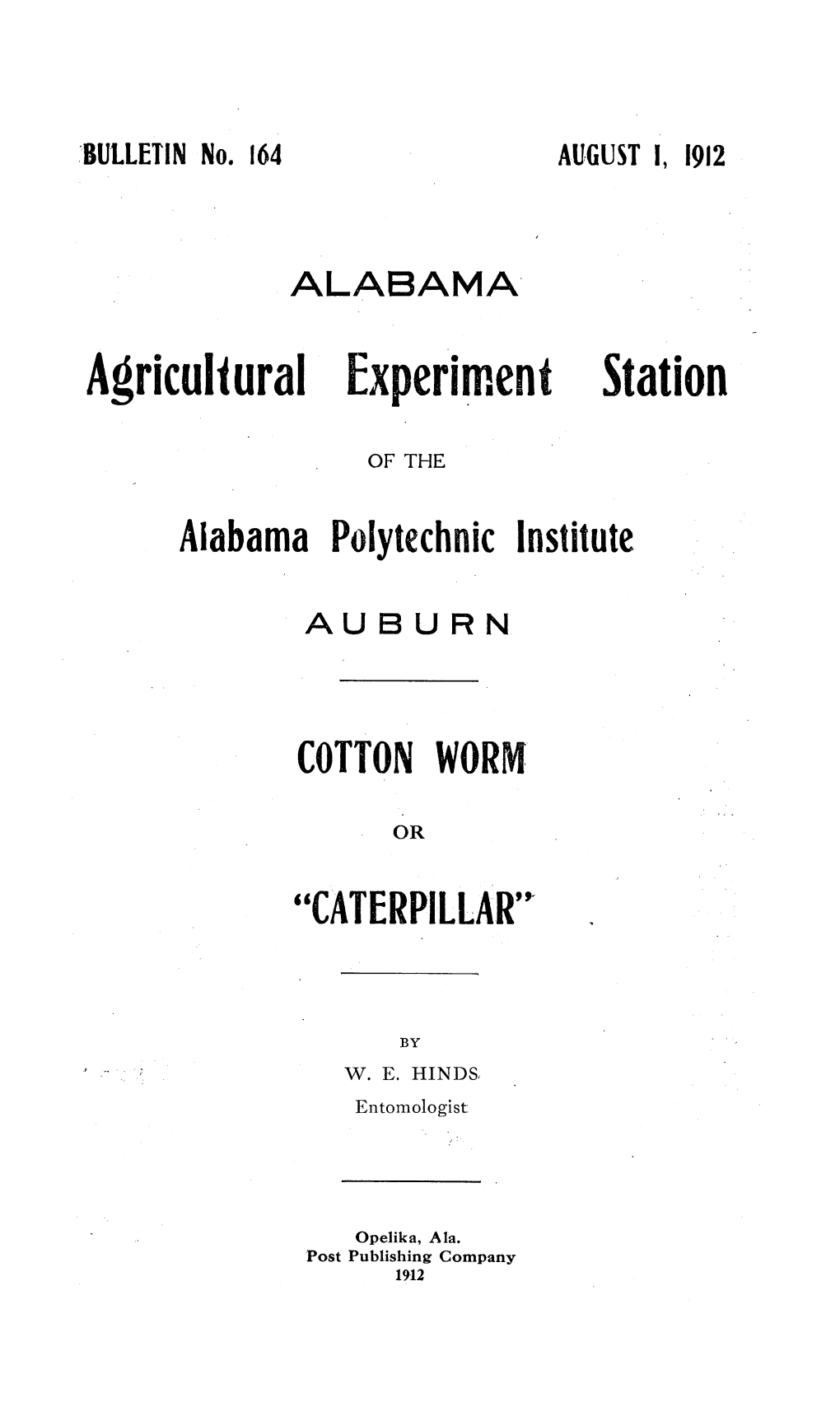 Alabama Polytechnic Institute COTTON WORM "CATERPILLAR"