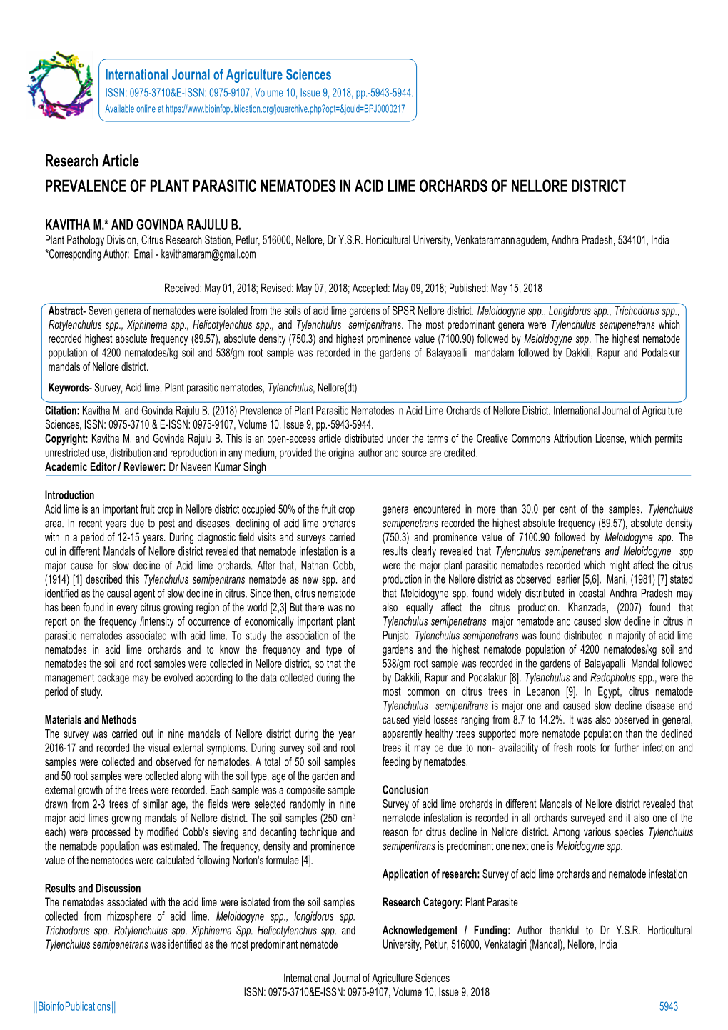 Research Article PREVALENCE of PLANT PARASITIC NEMATODES in ACID LIME ORCHARDS of NELLORE DISTRICT