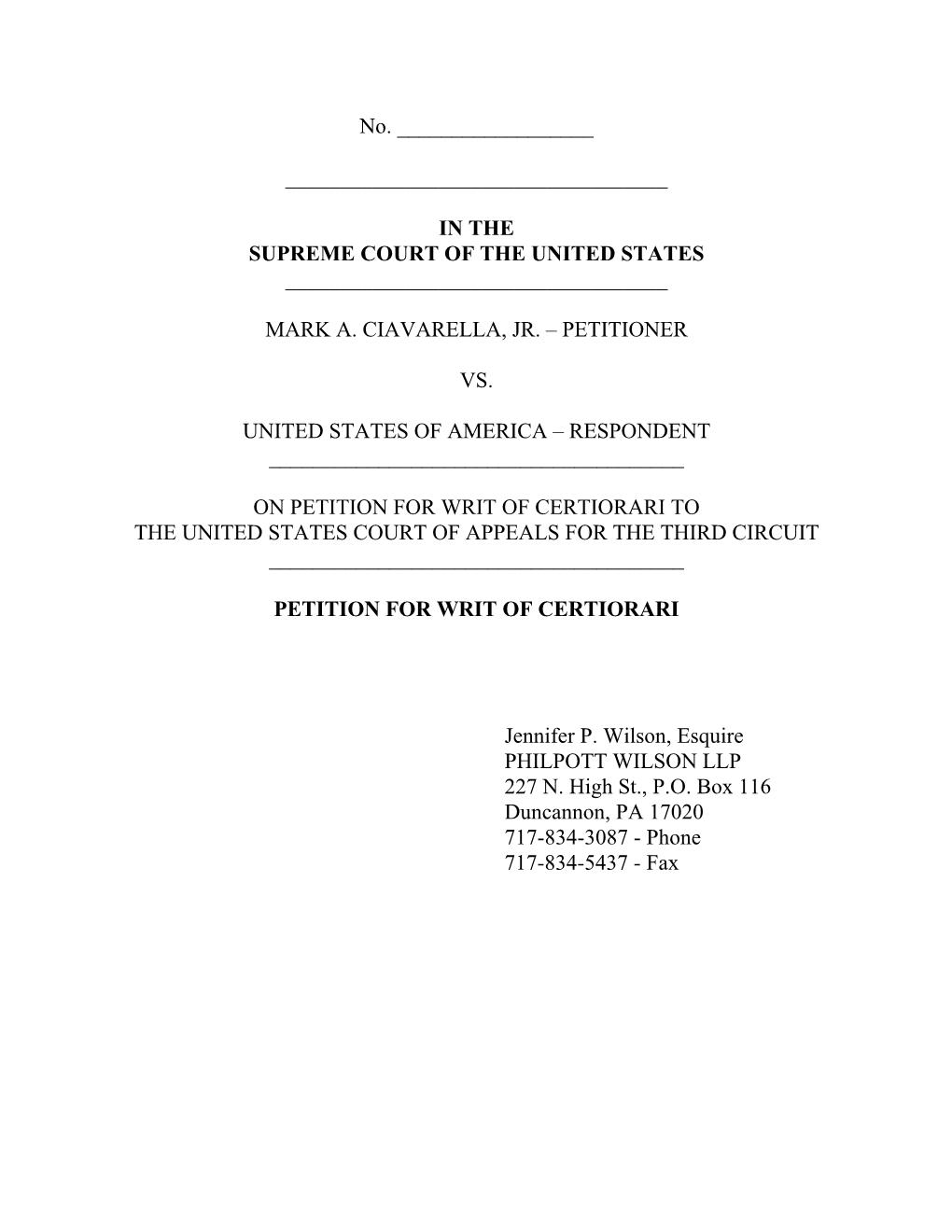 Petition for Writ of Certiorari to the United States Court of Appeals for the Third Circuit ______